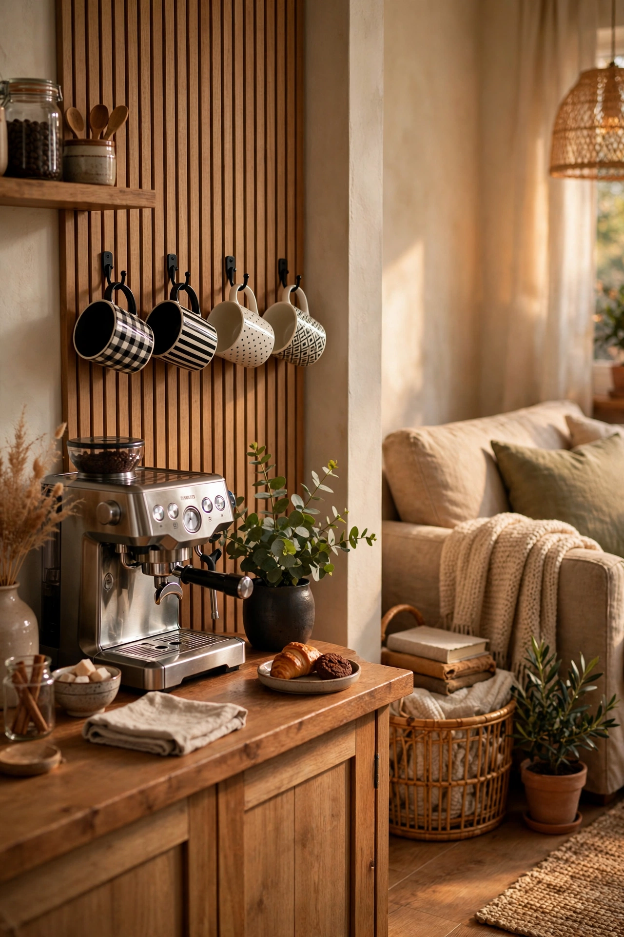 Favorite thrifted mugs displayed on hooks by a cozy coffee station
