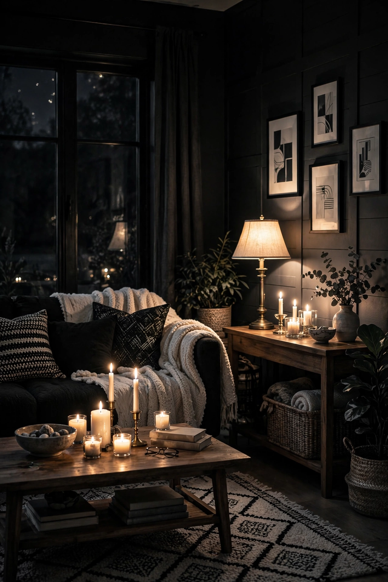 Black and white living room at night lit only by lamps and candles glowing warmly