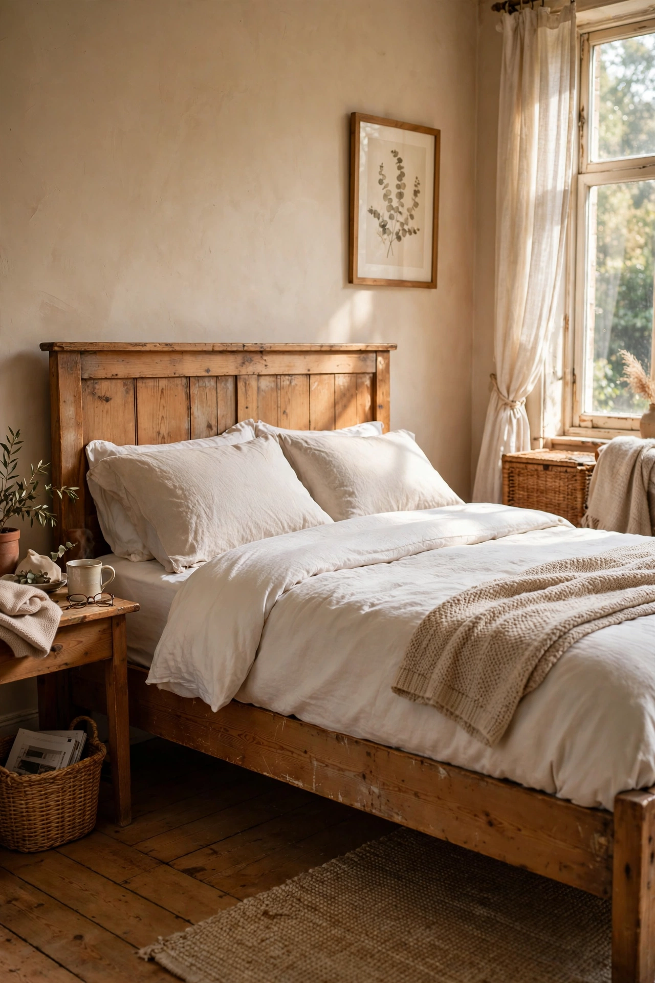 Solid pine bed frame with neutral bedding in a cozy bedroom
