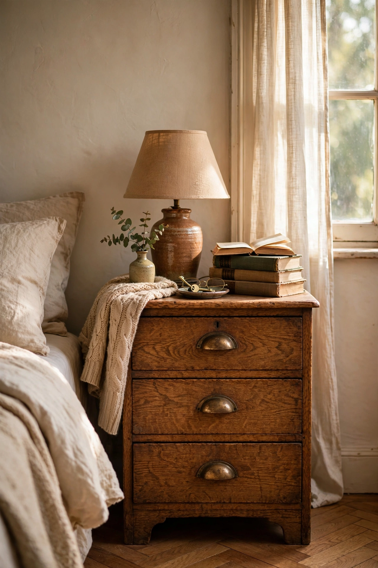Vintage oak chest of drawers used as a bedside table