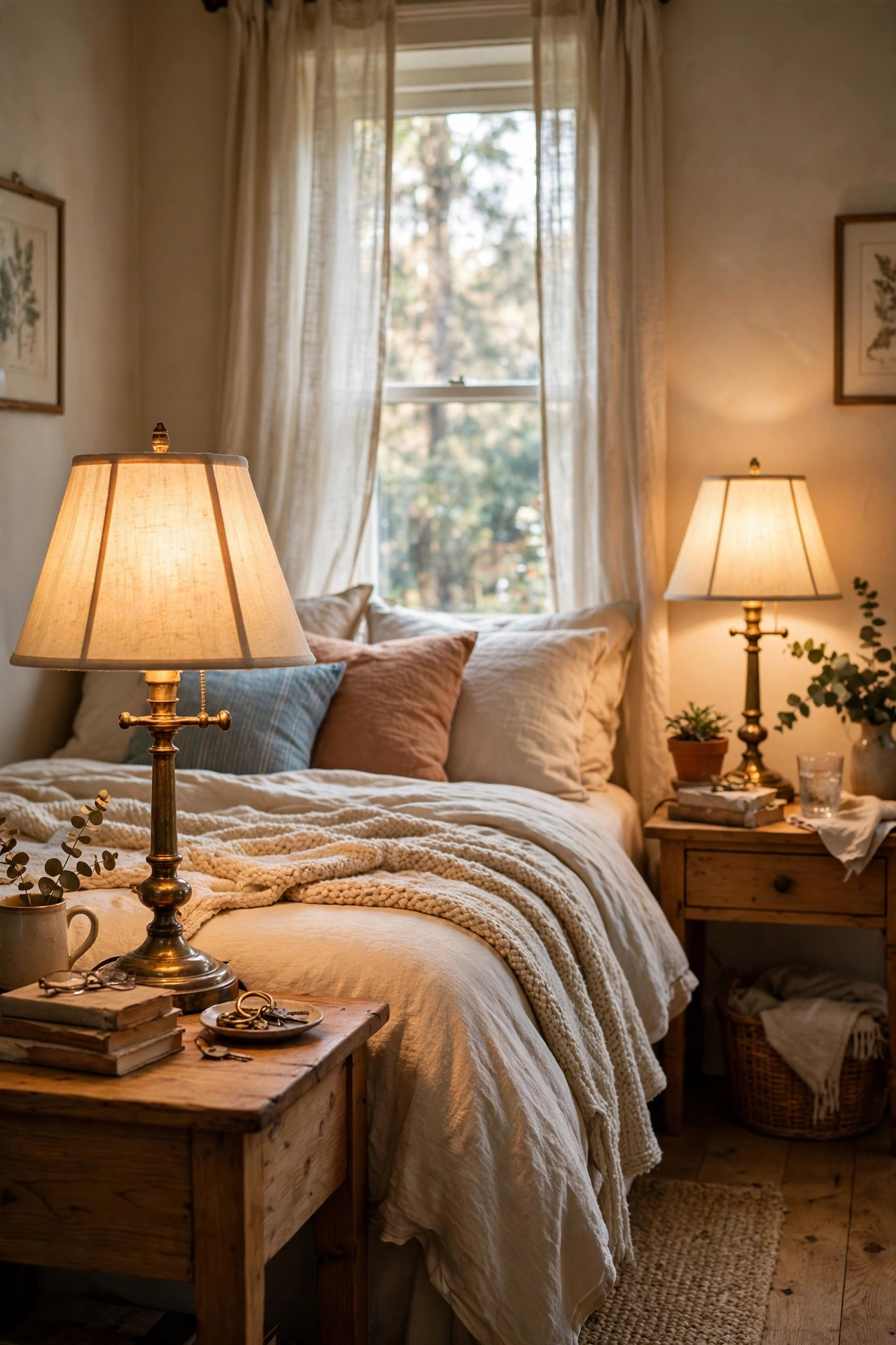 Brass table lamps with fresh linen shades on bedside tables