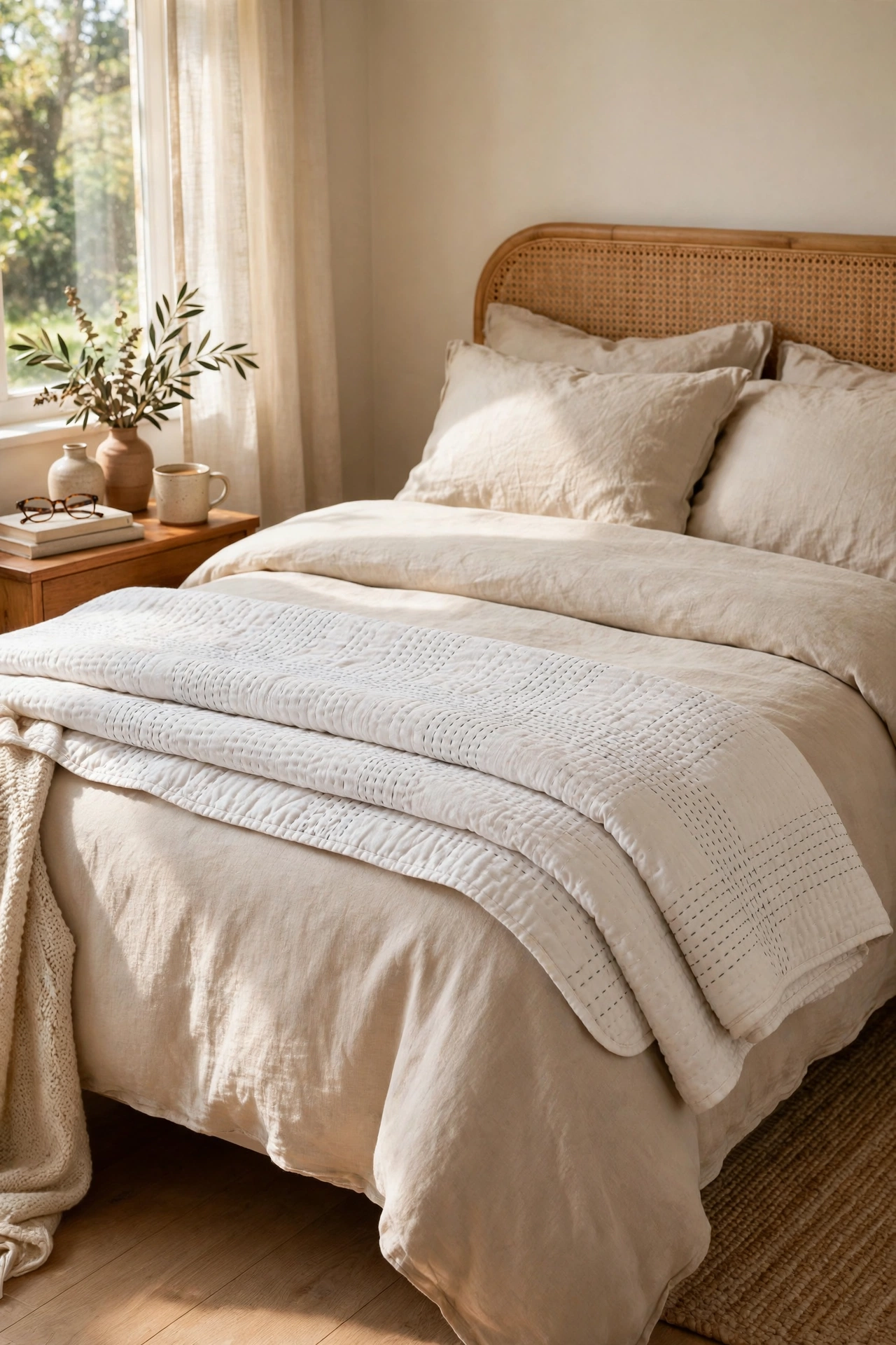 Soft white quilt folded at the foot of a bed