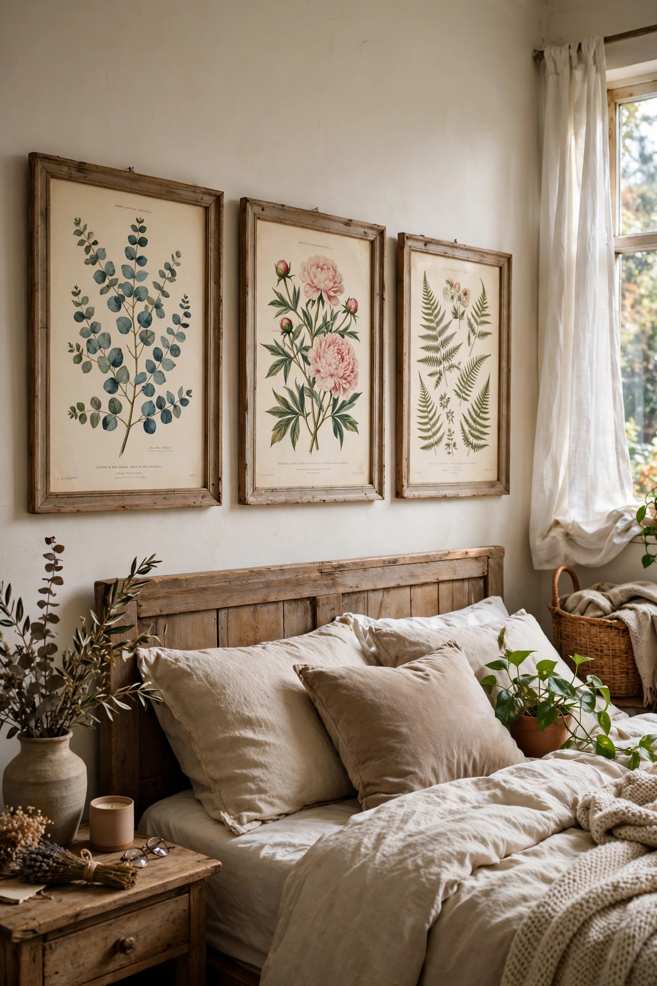 Three botanical prints in thrifted frames above a headboard
