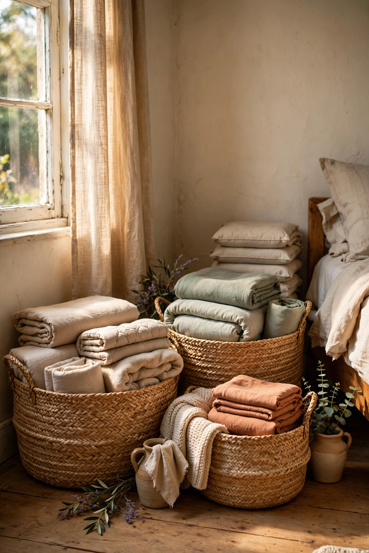 Woven seagrass baskets storing bedding in a bedroom