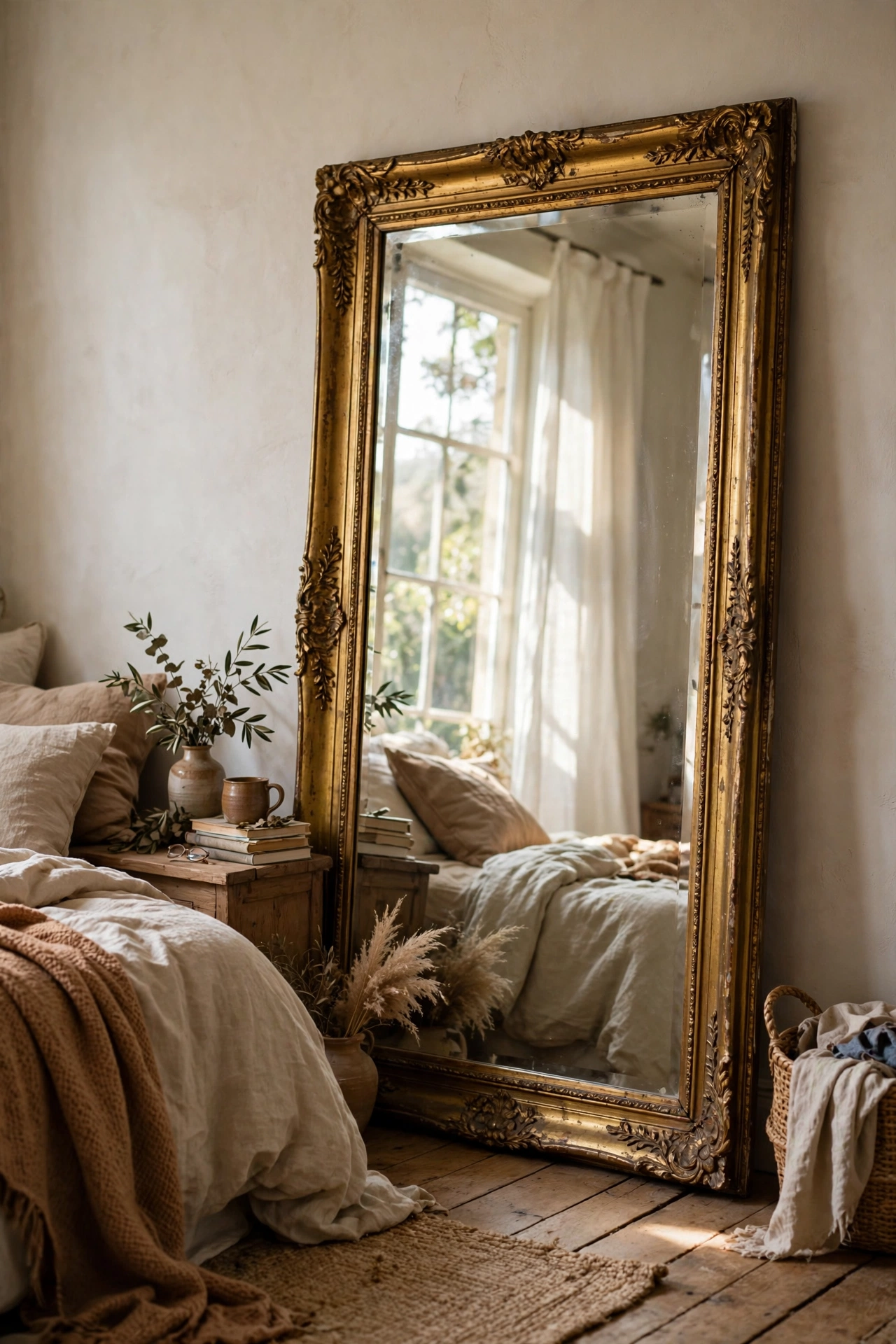 Large vintage gilt mirror reflecting a bedroom window
