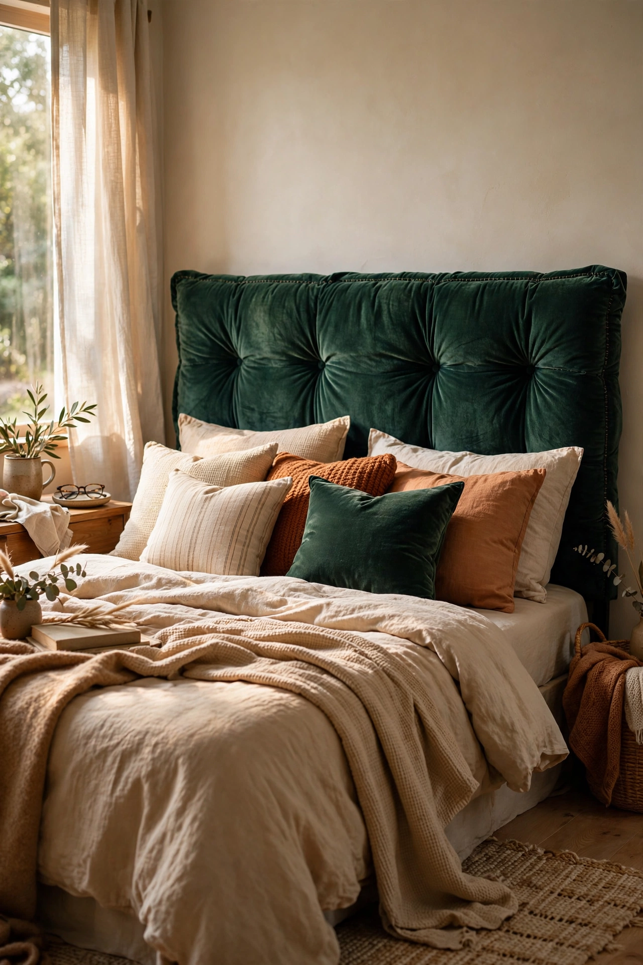 DIY upholstered velvet headboard behind a styled bed