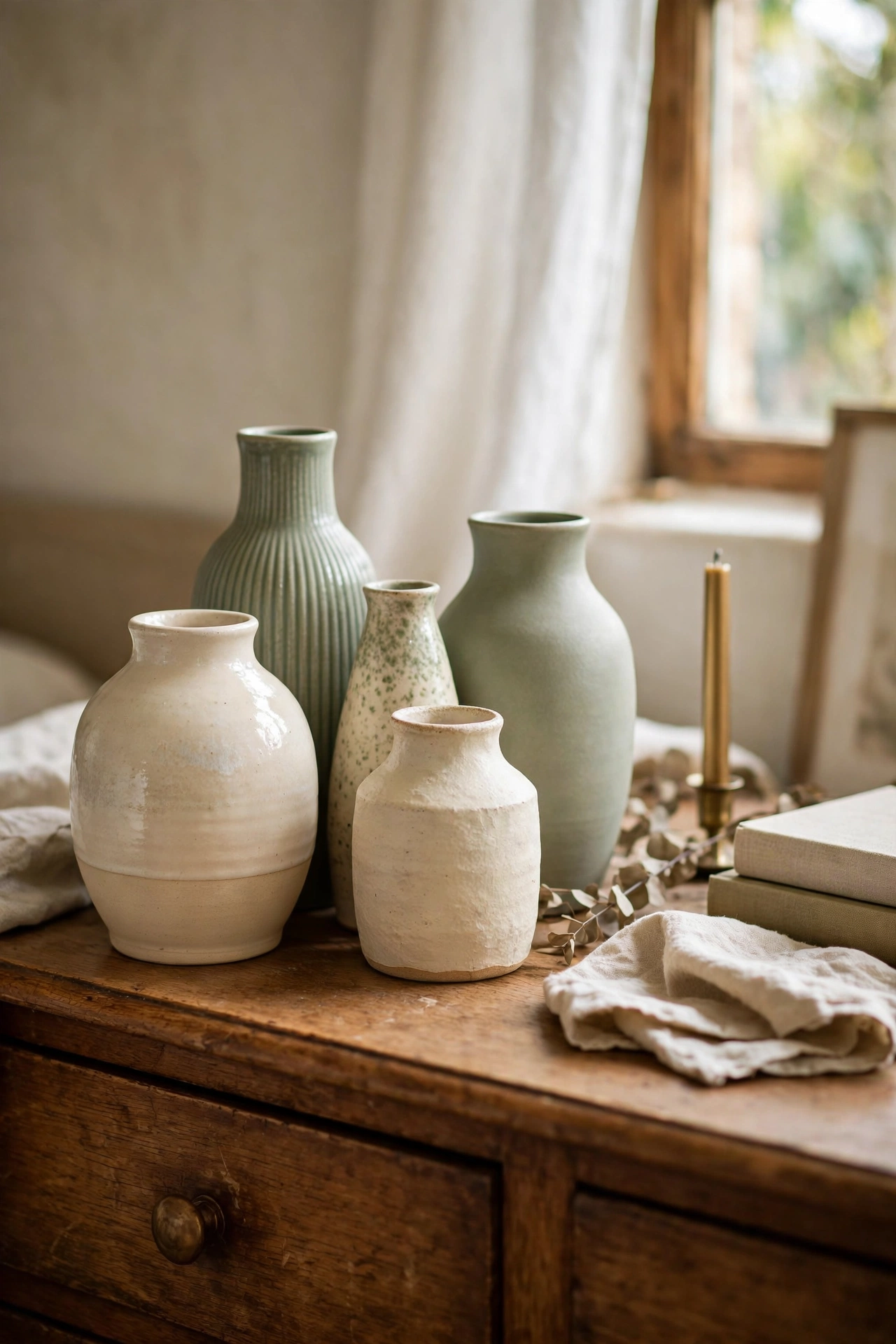 Cluster of mismatched ceramic vases on a bedroom dresser