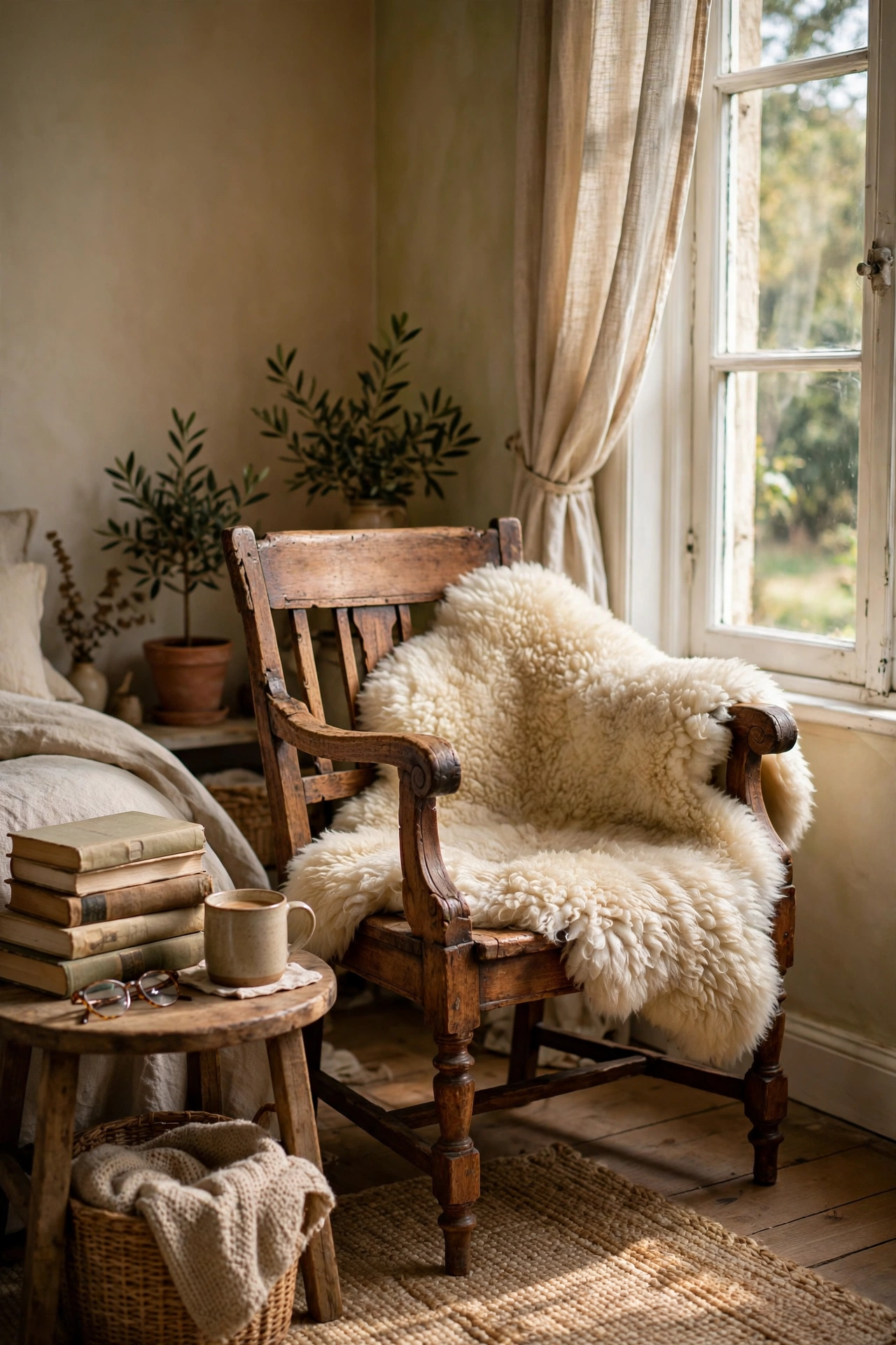 Vintage wooden armchair with a sheepskin throw in a reading corner
