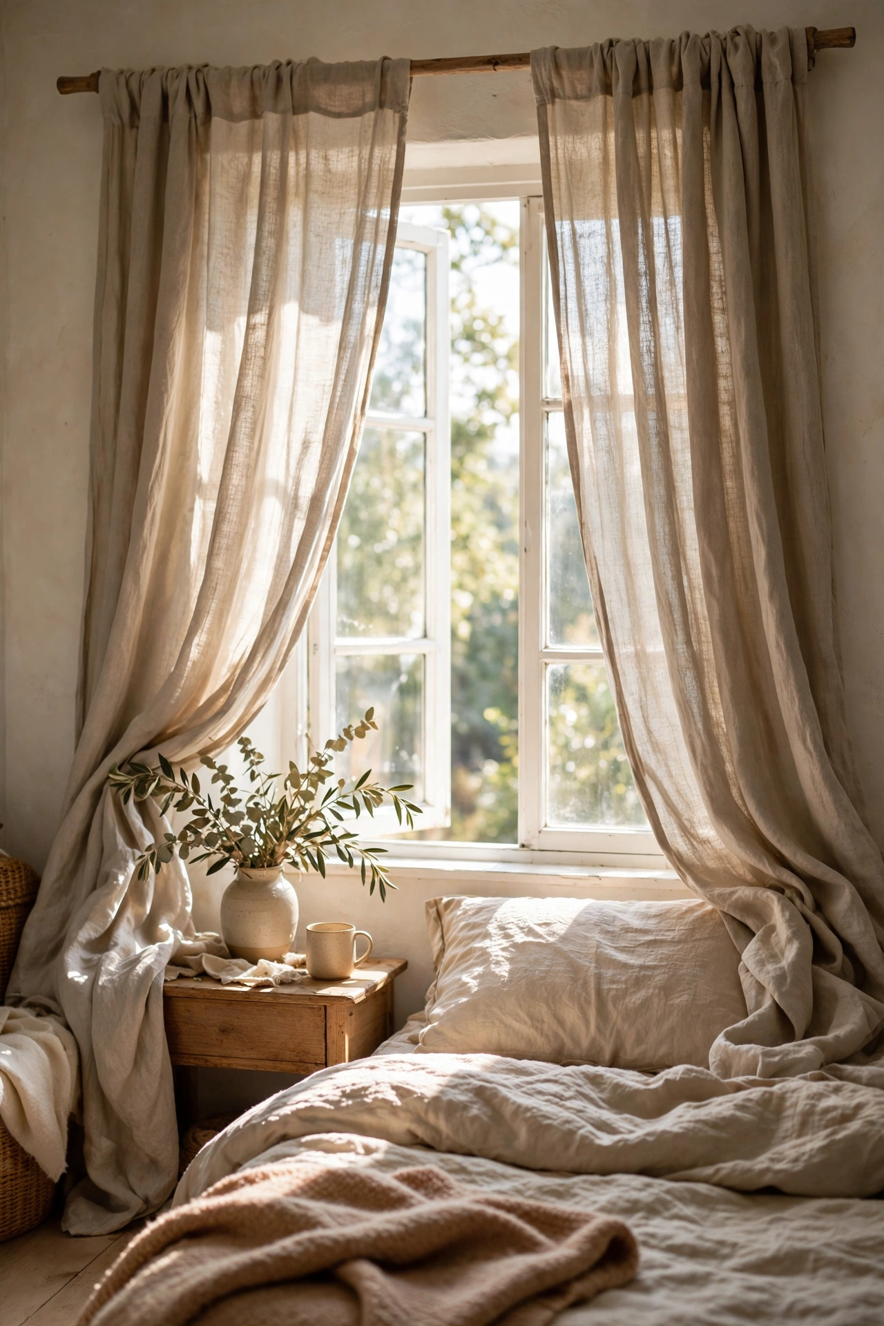 Washed linen curtains in natural tone on a bedroom window