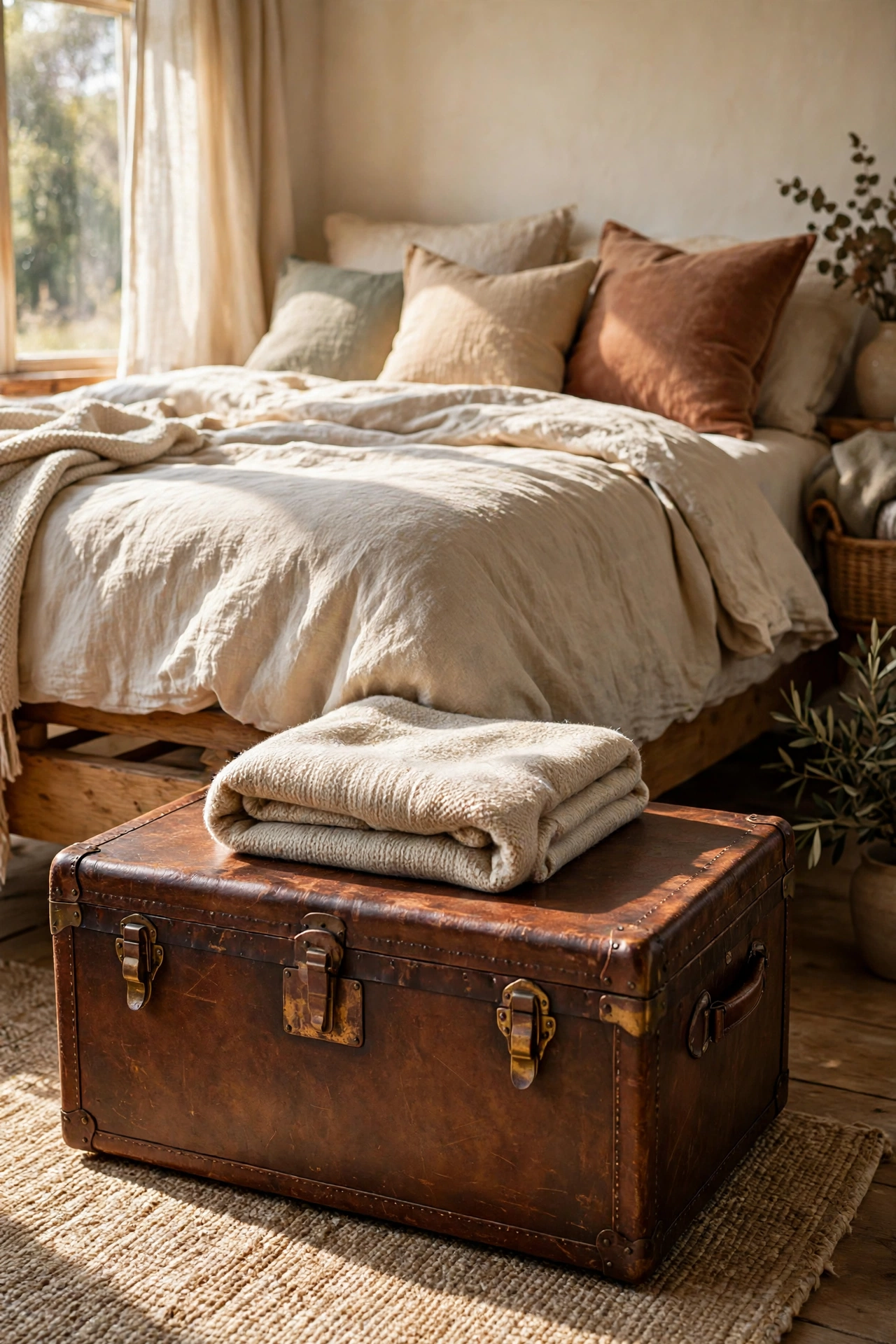 Old leather trunk at the foot of a bed holding blankets