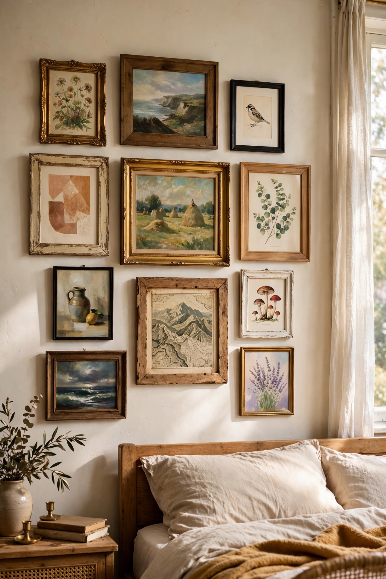 Eclectic gallery wall of thrifted art in a bedroom