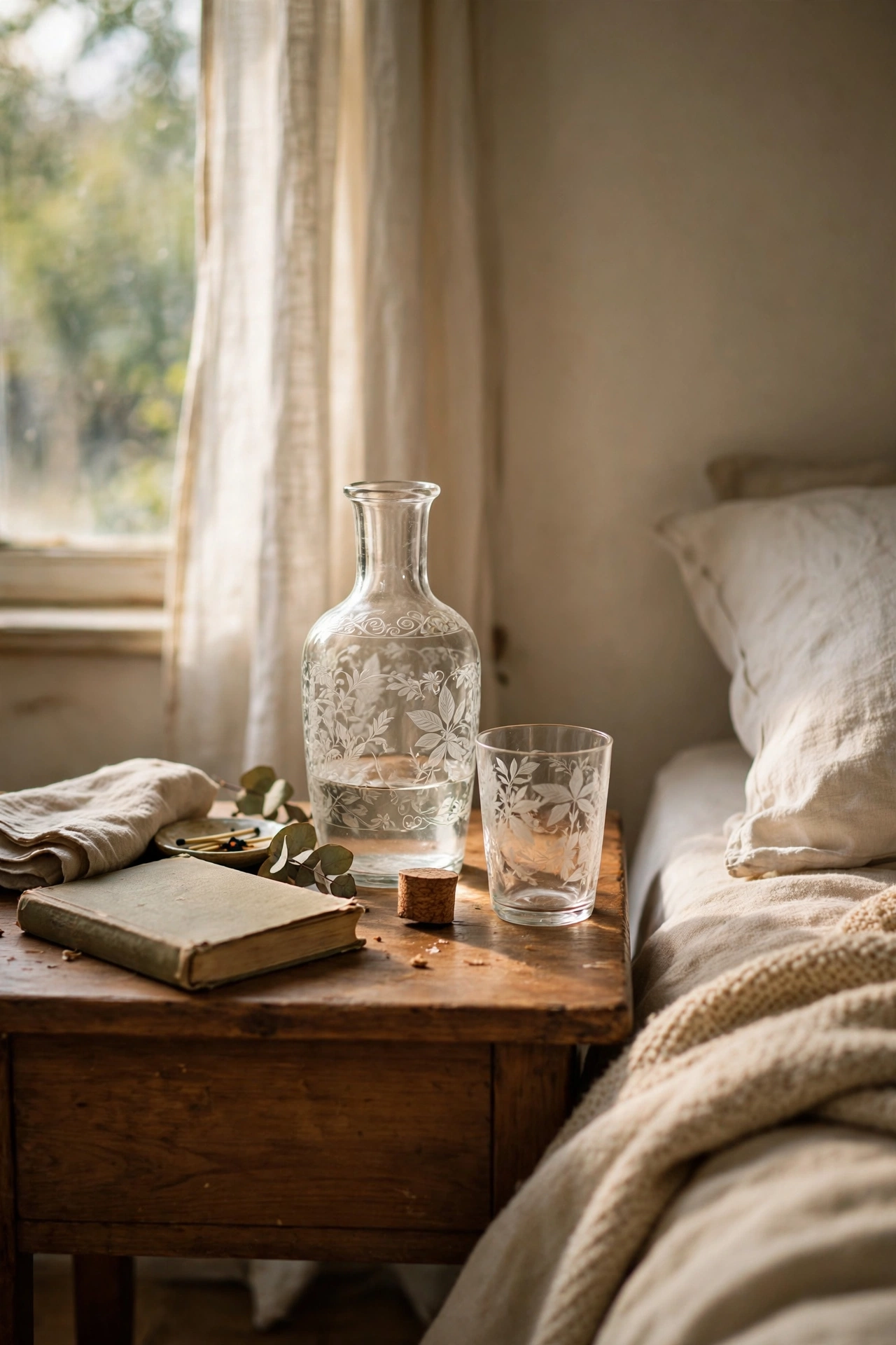 Vintage etched glass carafe and tumbler on a nightstand