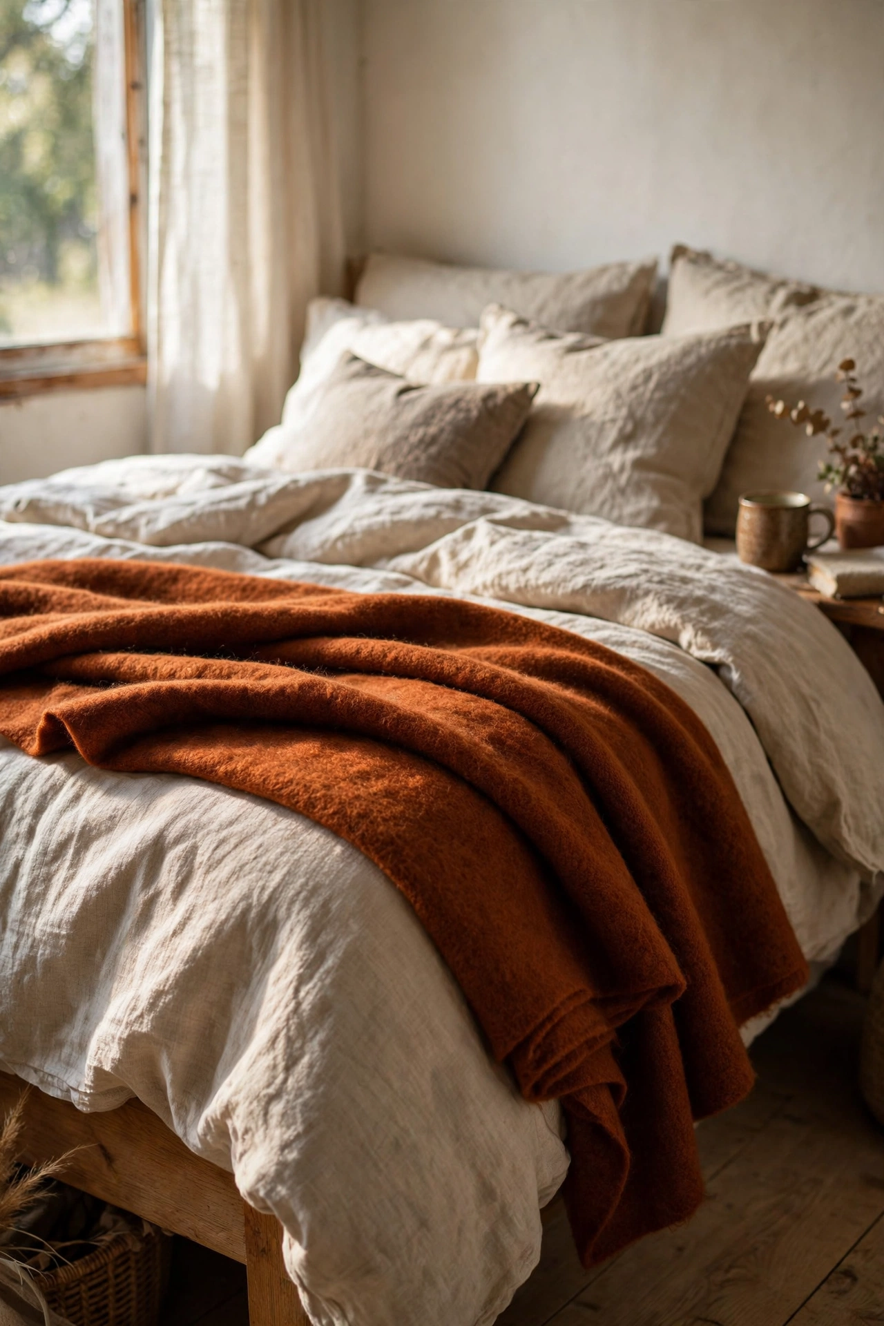 Rust colored wool throw folded across a bed