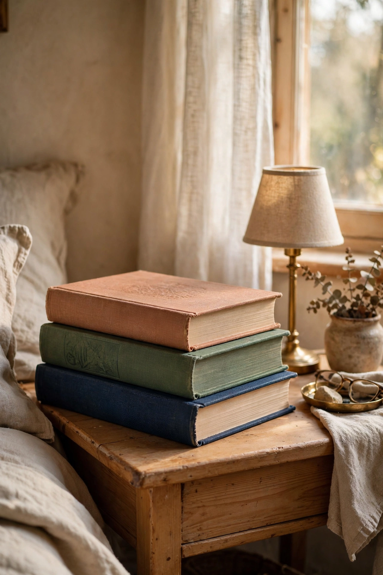 Stack of art books styled on a bedside table