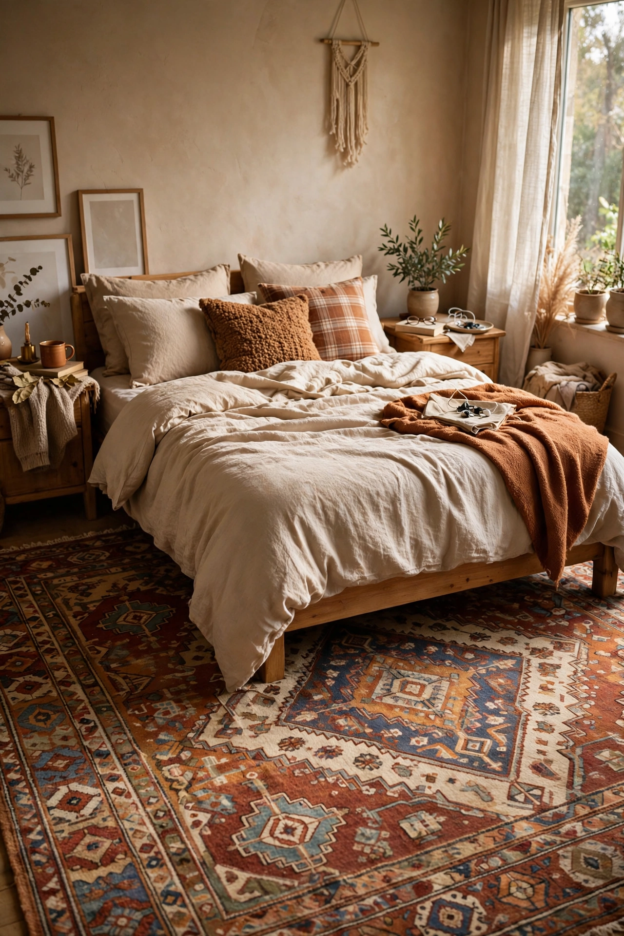 Large wool rug extending beyond both sides of a bed
