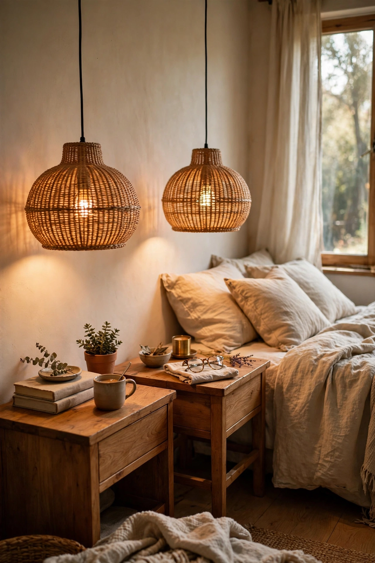 Rattan pendant lights hung low over bedside tables