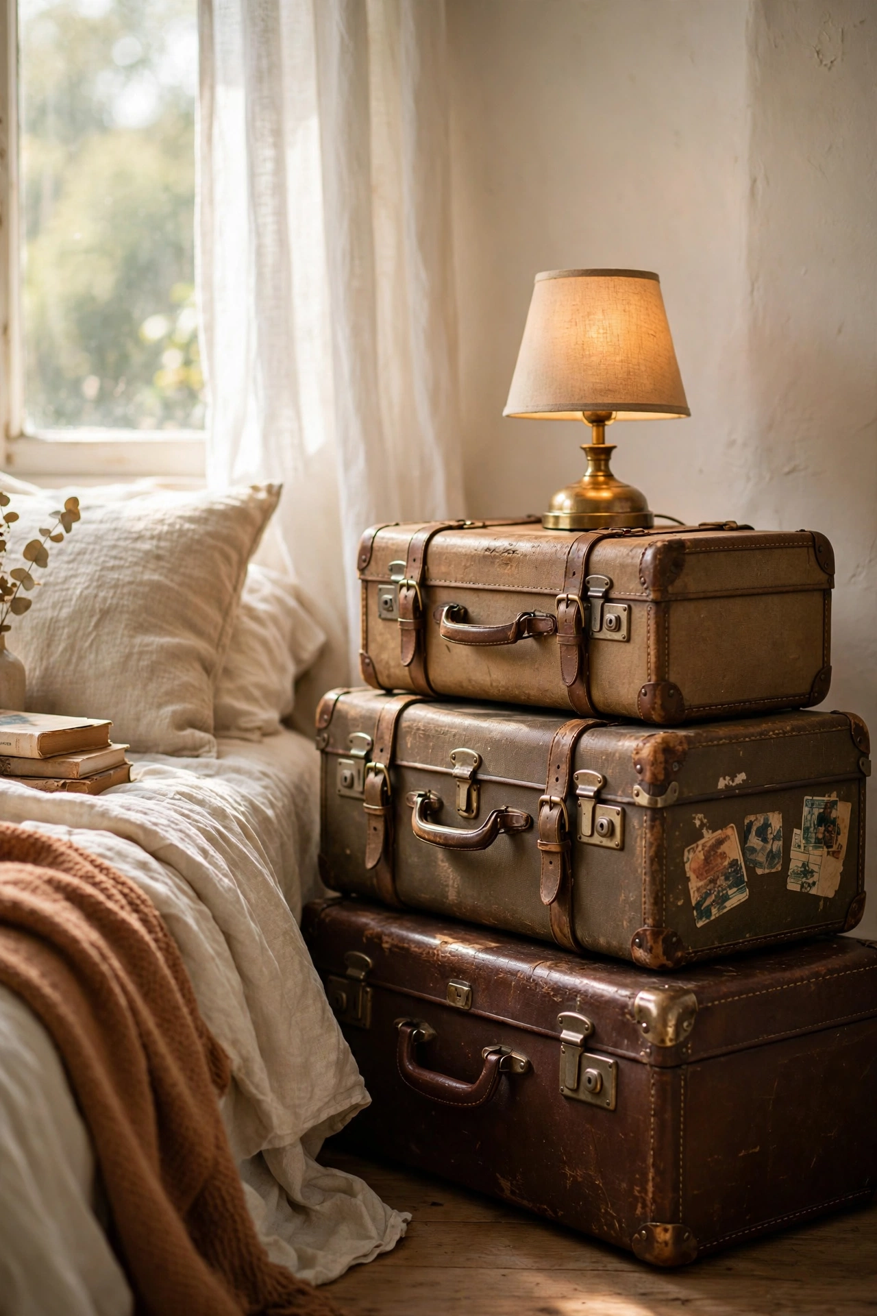 Vintage suitcases stacked as a bedside table