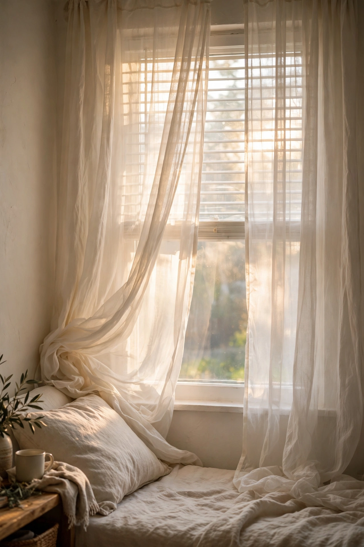 Ivory sheer curtains glowing over blackout blinds
