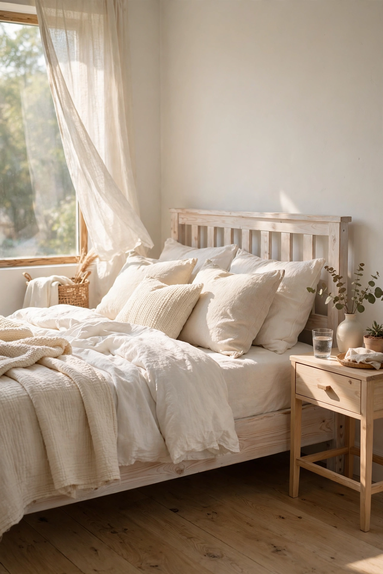 Bedroom with a whitewashed pine bed frame and layered white bedding