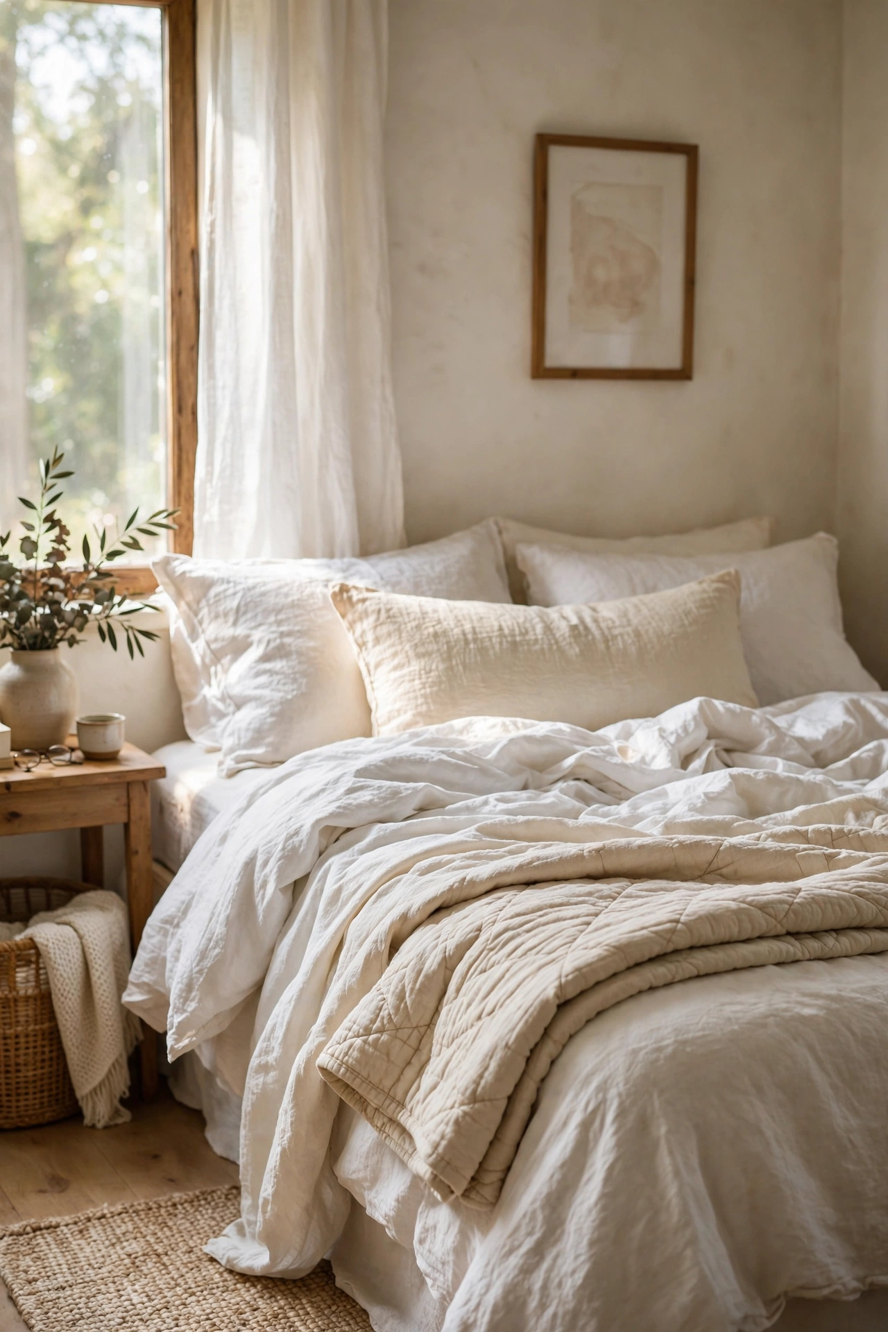 Bed with layered white and cream linen bedding styled in Scandinavian style