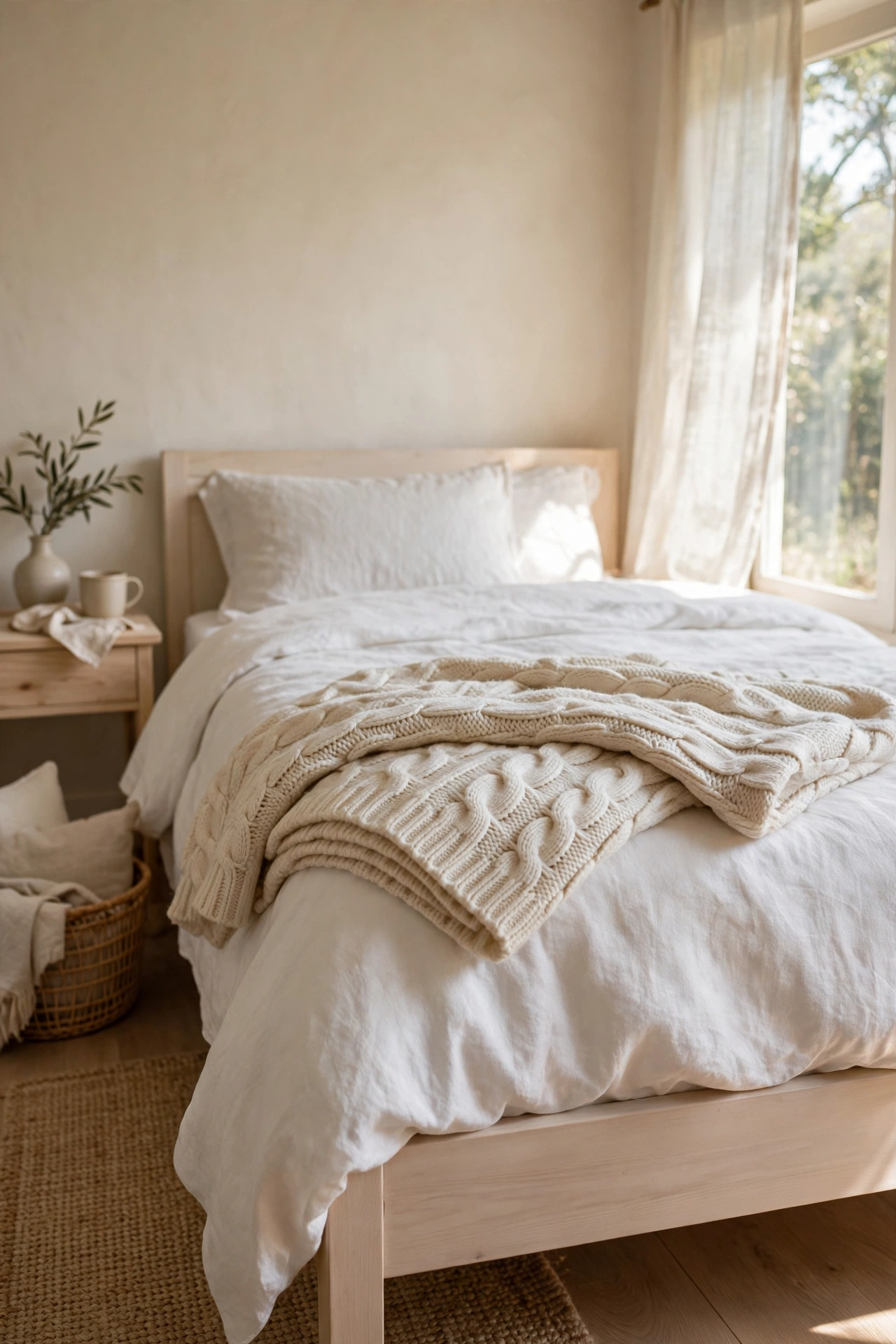 Chunky ivory knit throw folded across the foot of a white bed