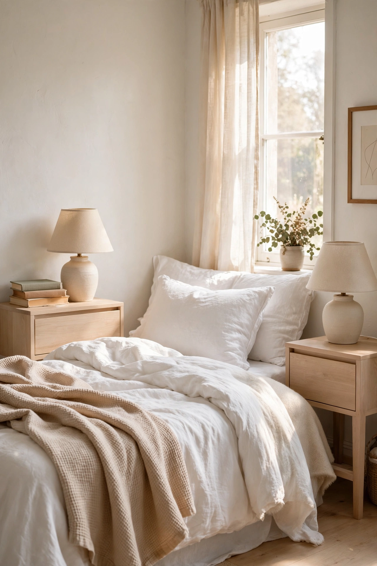 Pair of pale wood nightstands beside a white bed with simple lamps
