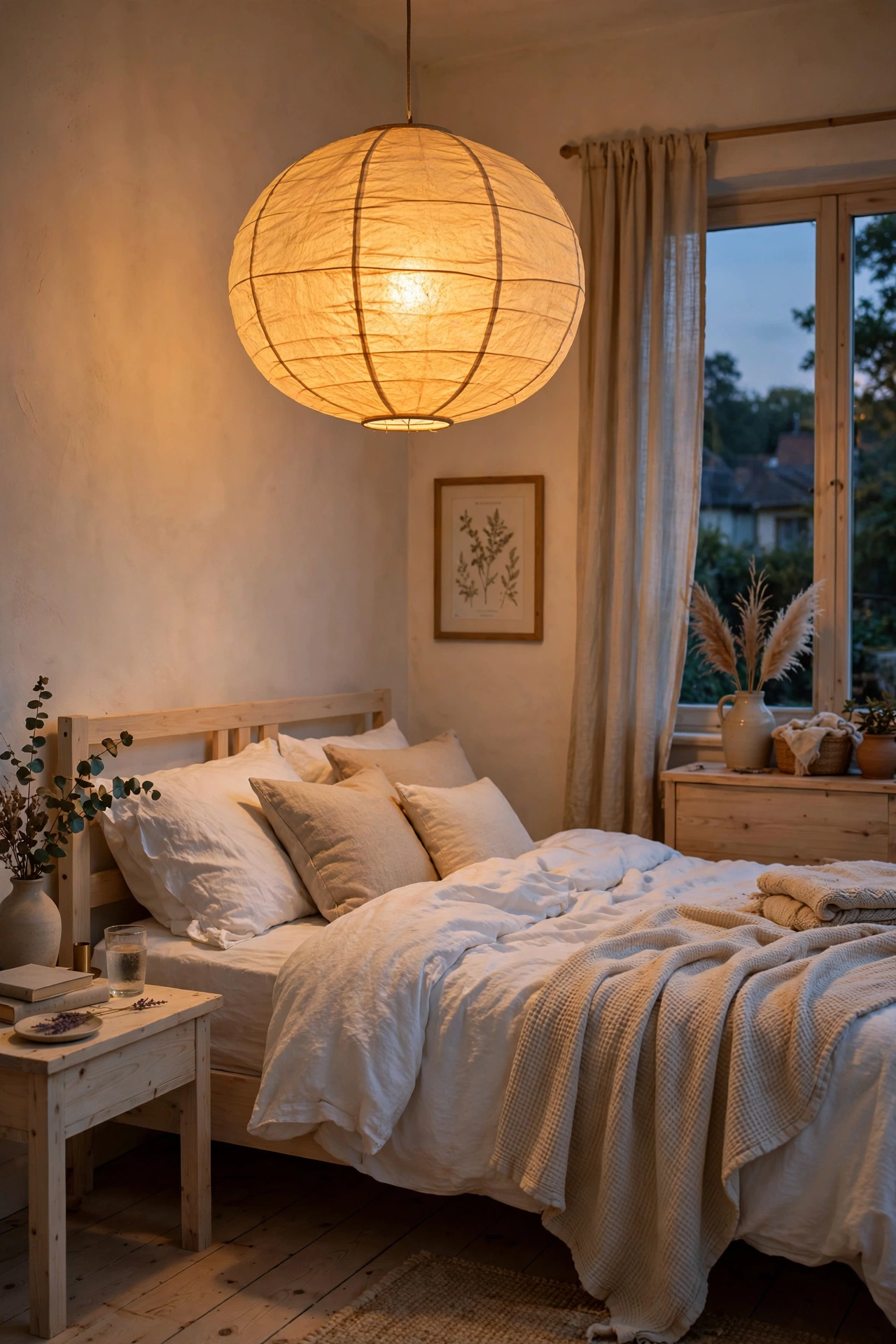 Rice paper globe pendant glowing softly over a Scandinavian bed