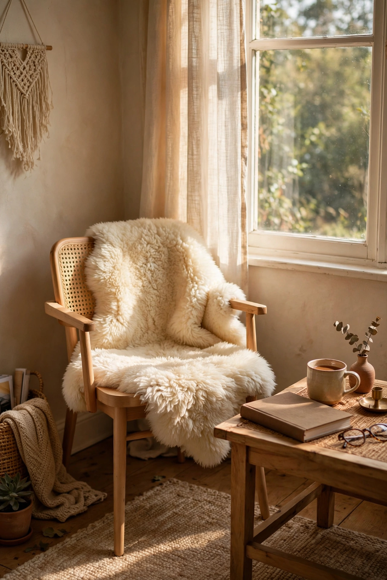 Cream faux sheepskin draped over a wooden accent chair in a bedroom corner