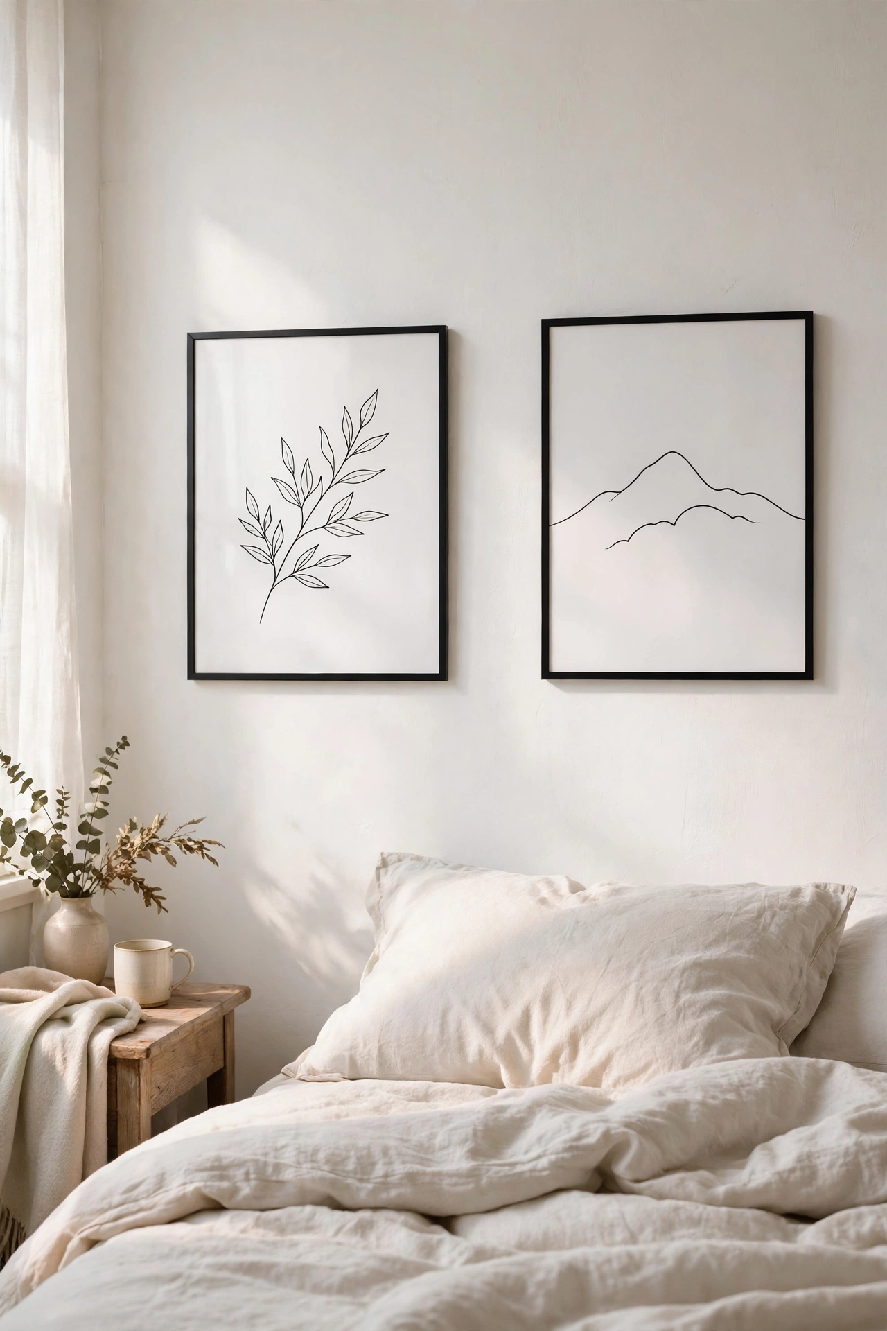 Pair of black-framed minimalist line art prints on a white bedroom wall