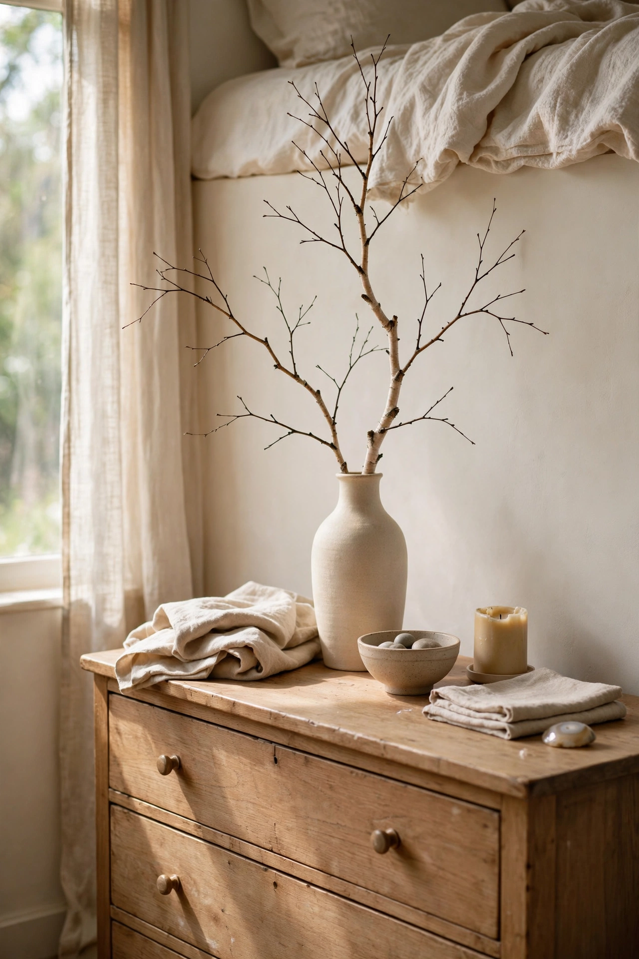 Tall bare birch branch in a cream ceramic vase on a bedroom dresser