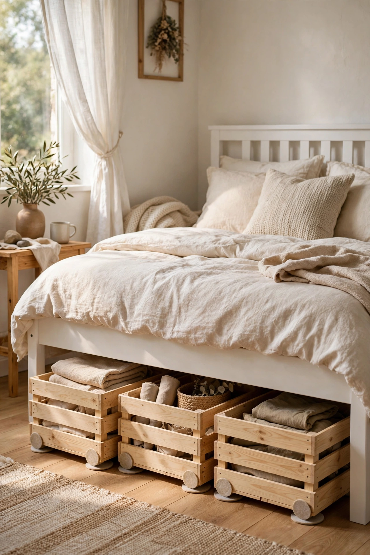 Unfinished pine storage crates tucked under a bed in a tidy bedroom