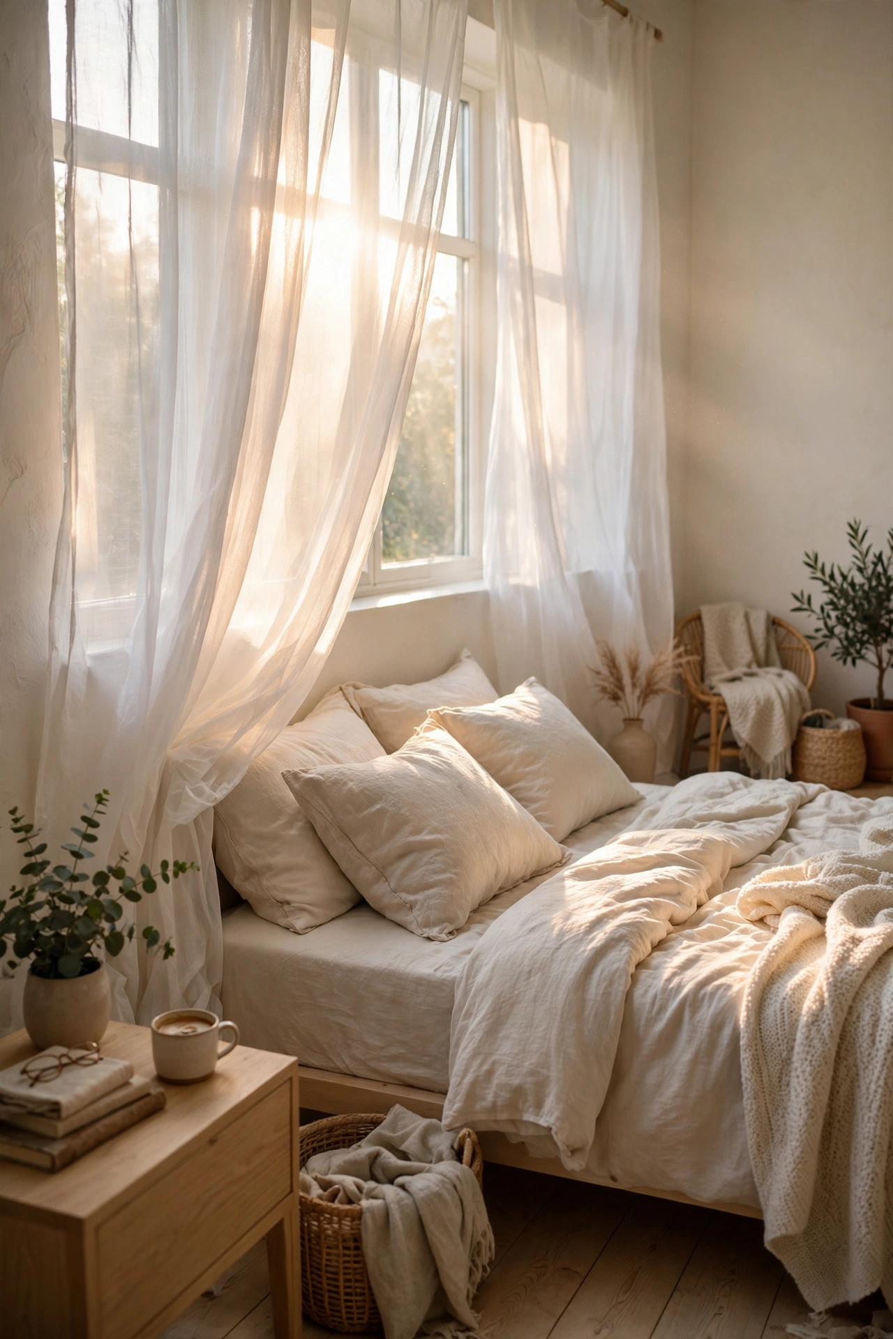 Sheer white gauzy curtains glowing with morning light in a bedroom
