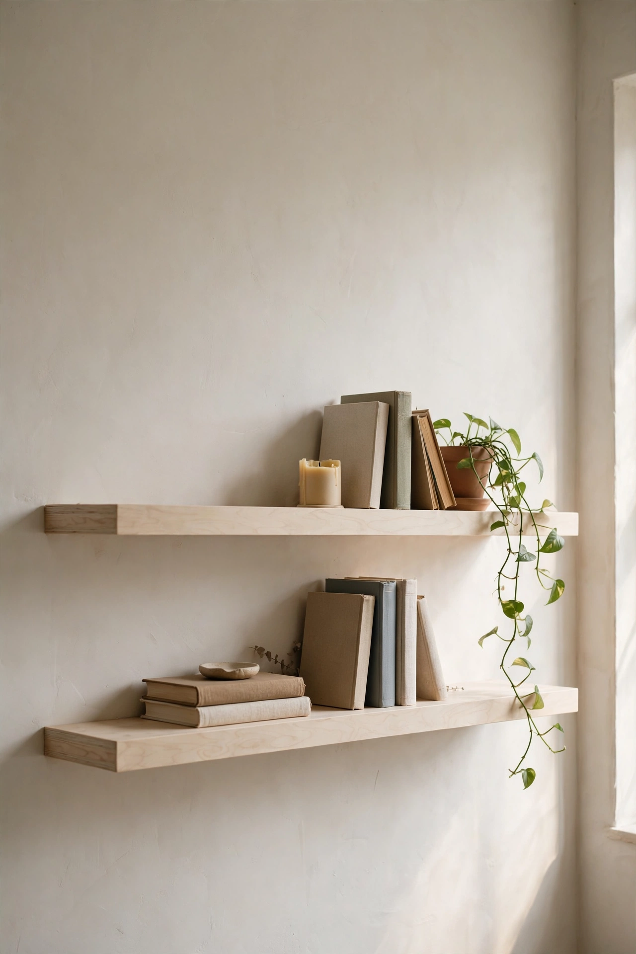Two pale birch floating shelves styled minimally above a bedroom dresser