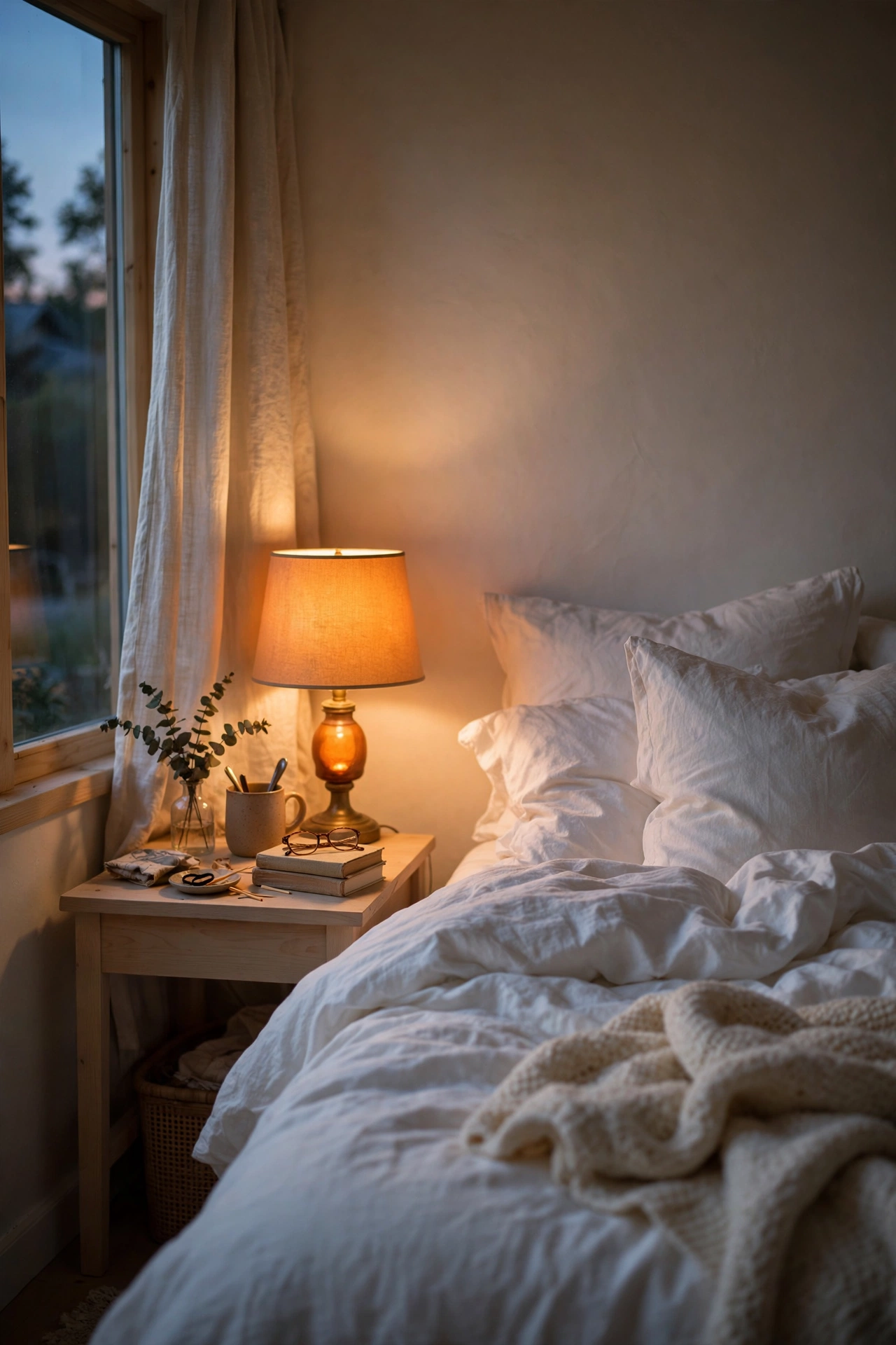 Bedside lamp glowing warm amber light on a pale wood nightstand
