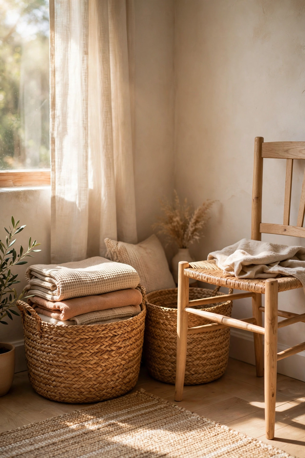 Seagrass storage baskets holding blankets beside a bedroom chair