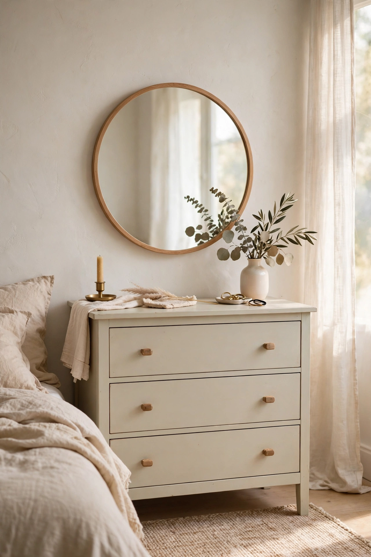 Round mirror with thin wood frame above a pale bedroom dresser