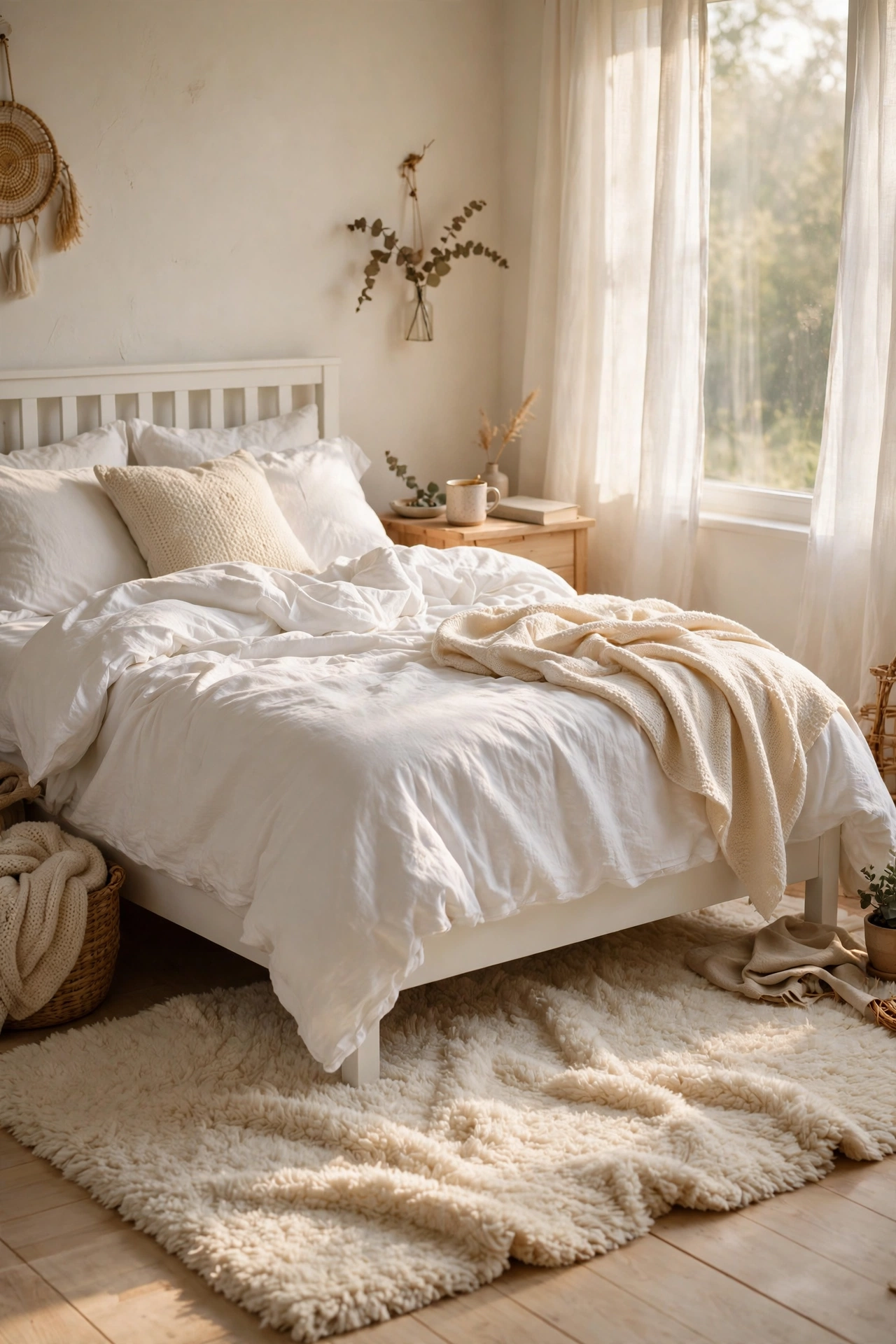 Cream high-pile rug layered beside a white bed on pale wood floor