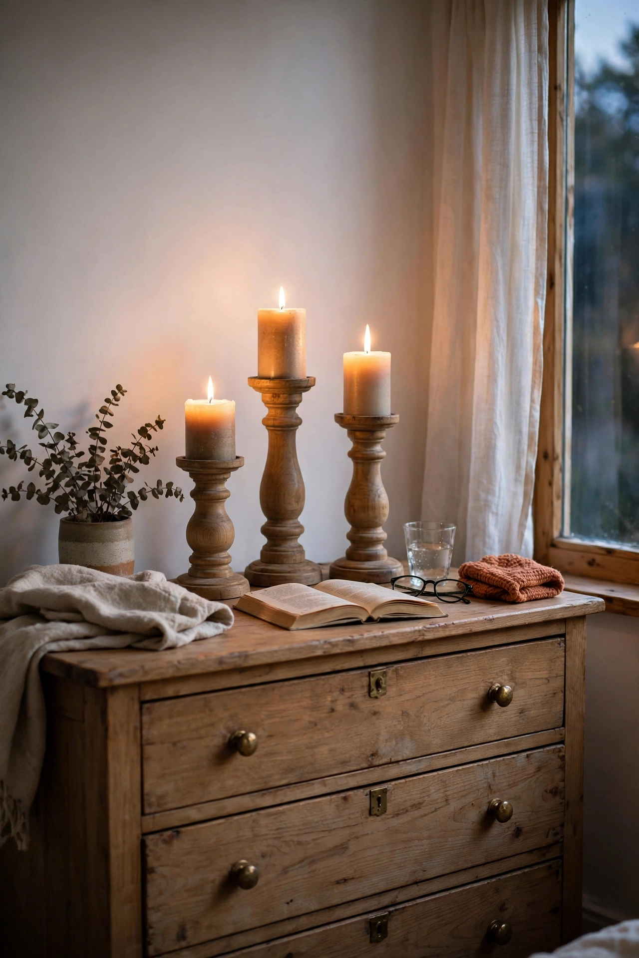Set of three wooden pillar candle holders glowing on a bedroom dresser