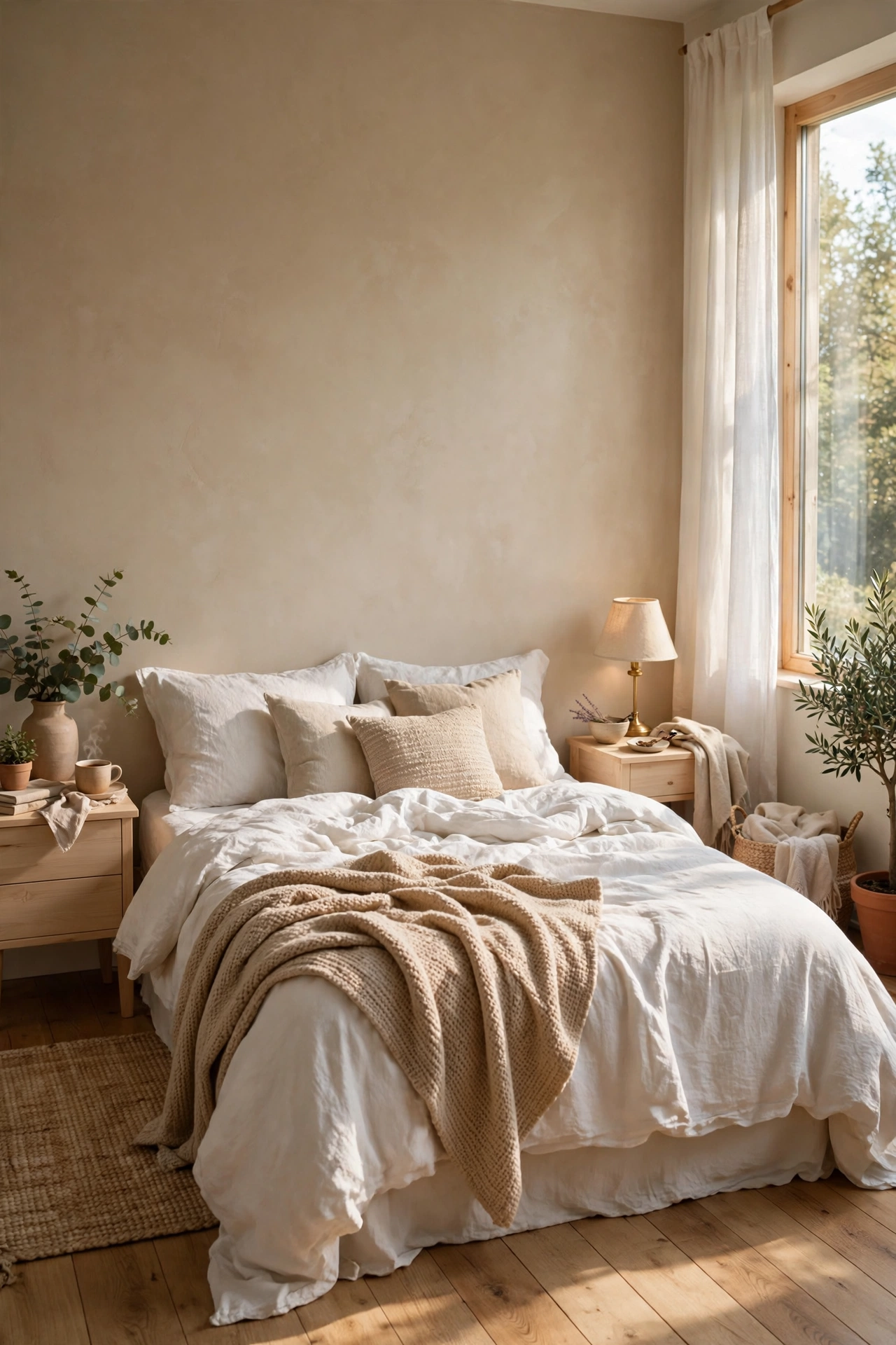 Bedroom with a warm greige accent wall behind a white bed