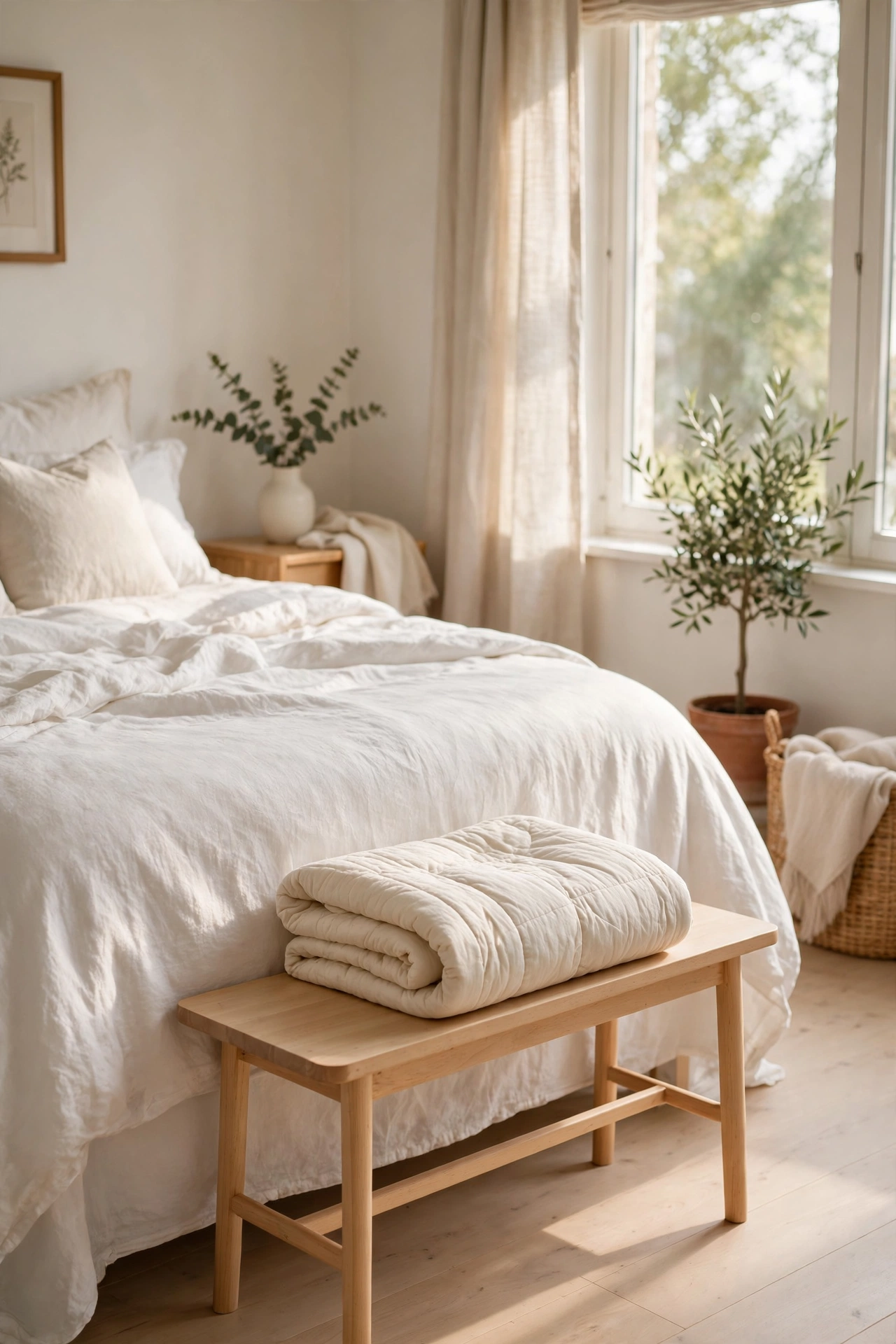 Slim beech bench with a folded quilt at the foot of a white bed
