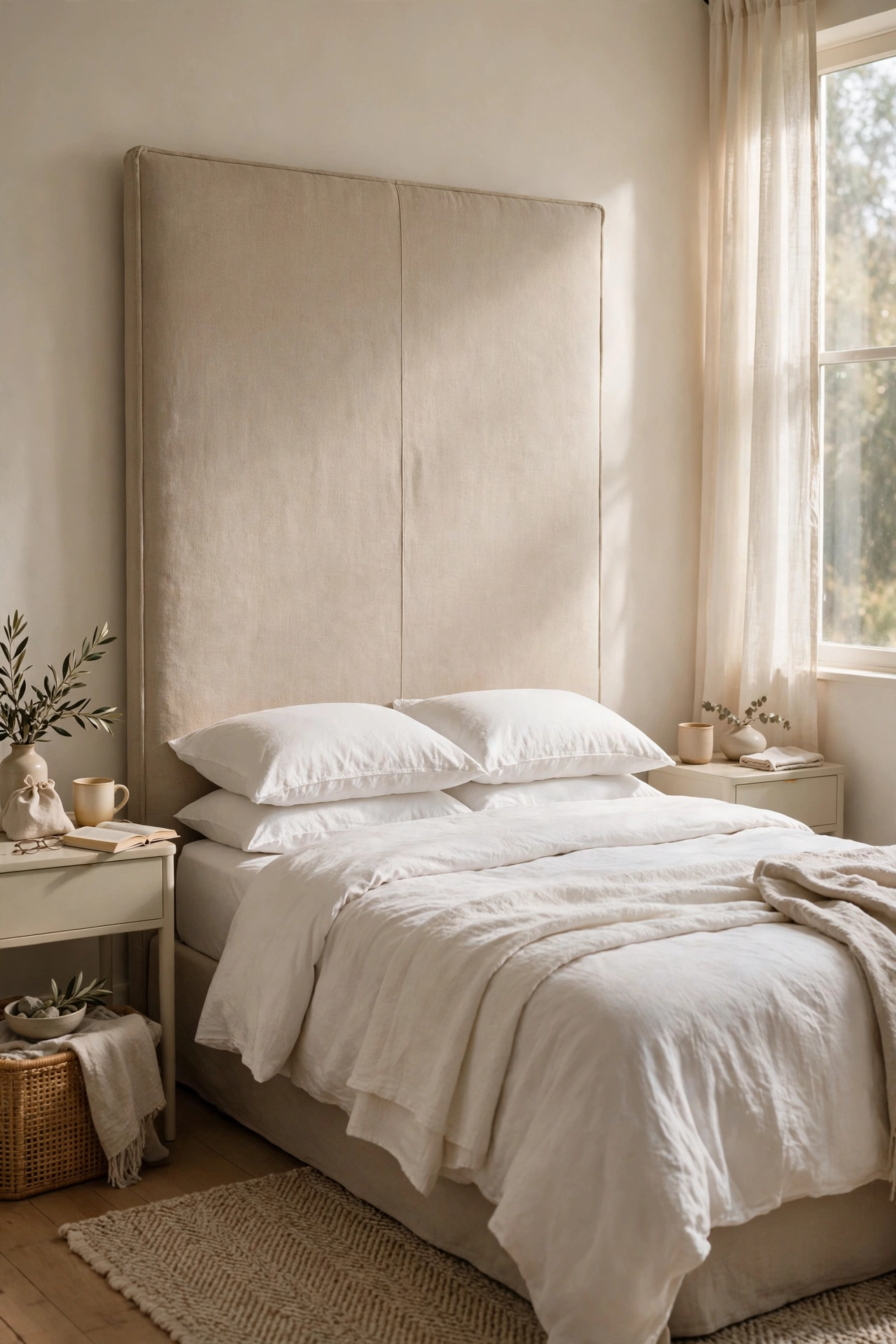 Tall natural canvas upholstered headboard behind white bedding