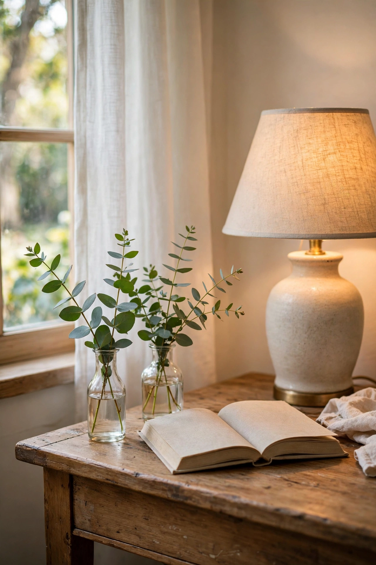 Small bud vases with eucalyptus sprigs on a bedroom nightstand