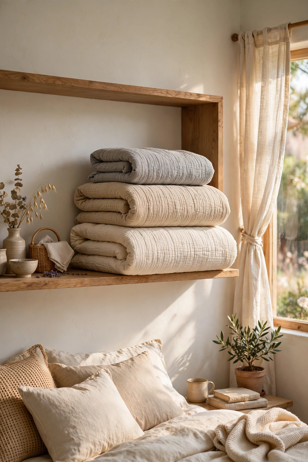 Neatly folded quilts in neutral tones stacked on an open bedroom shelf
