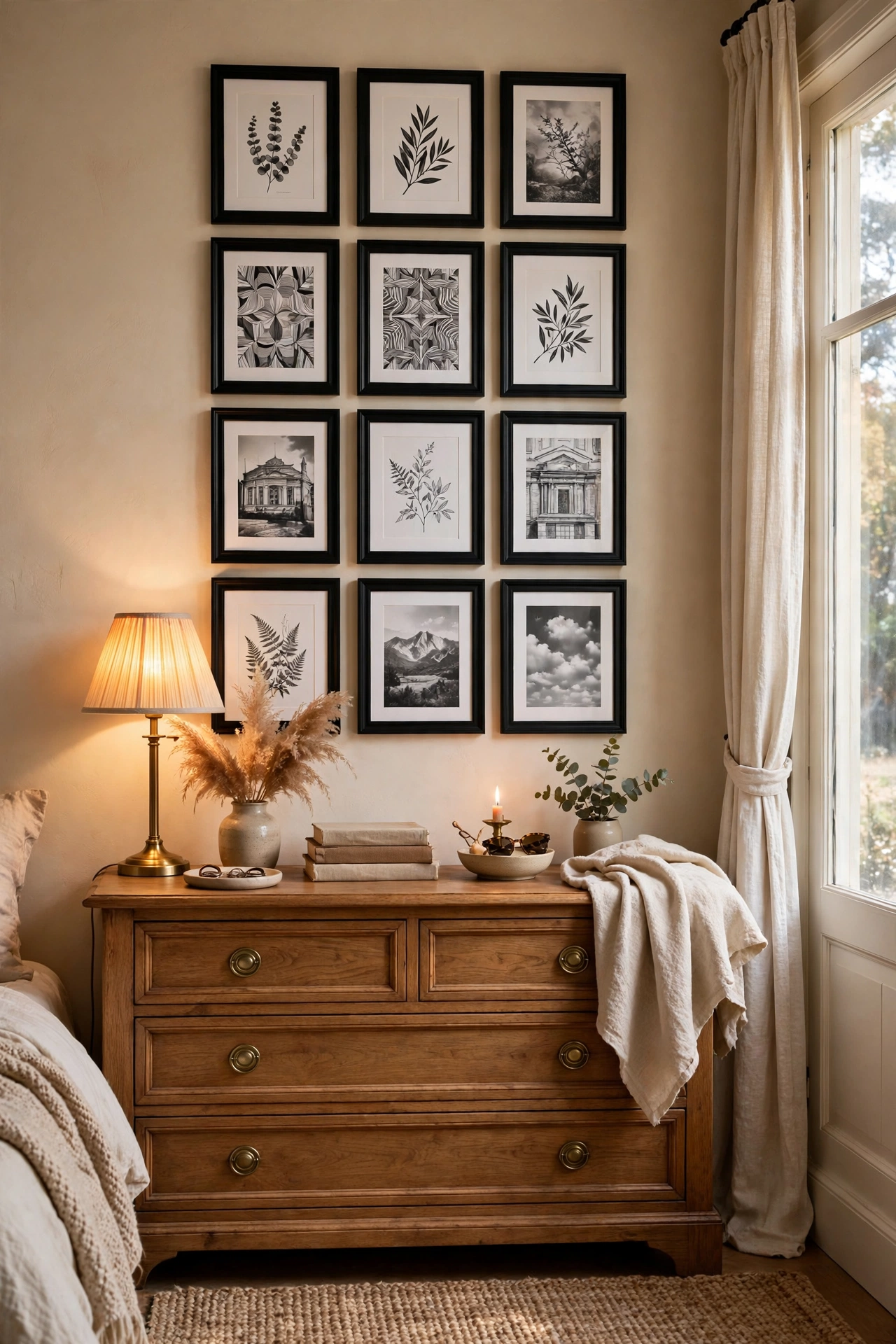Gallery wall of matching black dollar store frames above a bedroom dresser