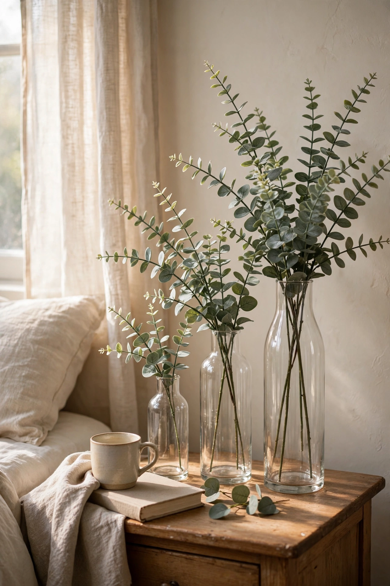 Three clear glass vases in graduated heights with faux eucalyptus on a nightstand