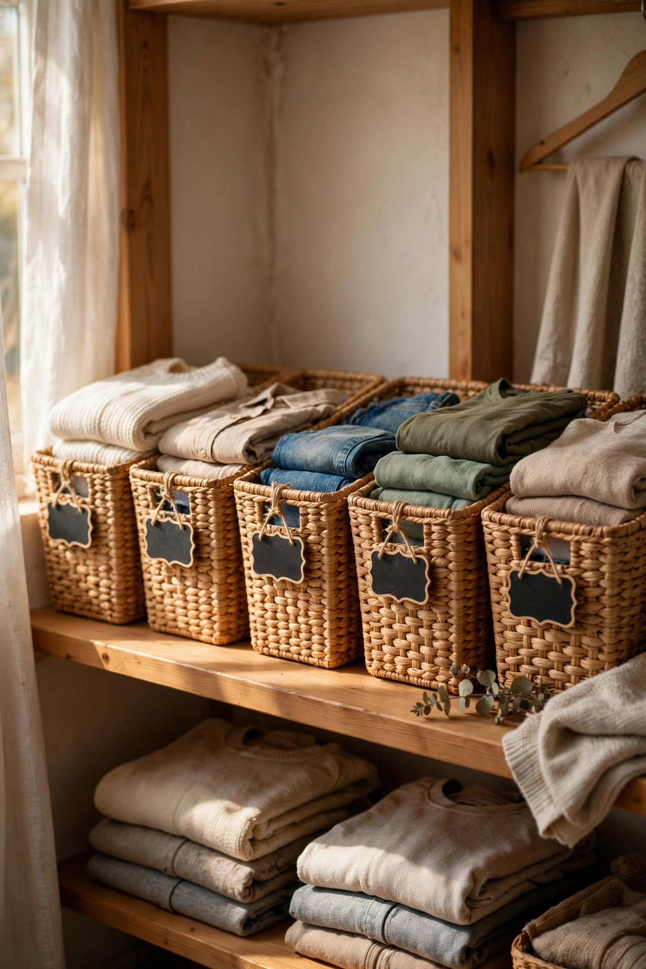 Matching woven-look baskets organizing a bedroom closet shelf