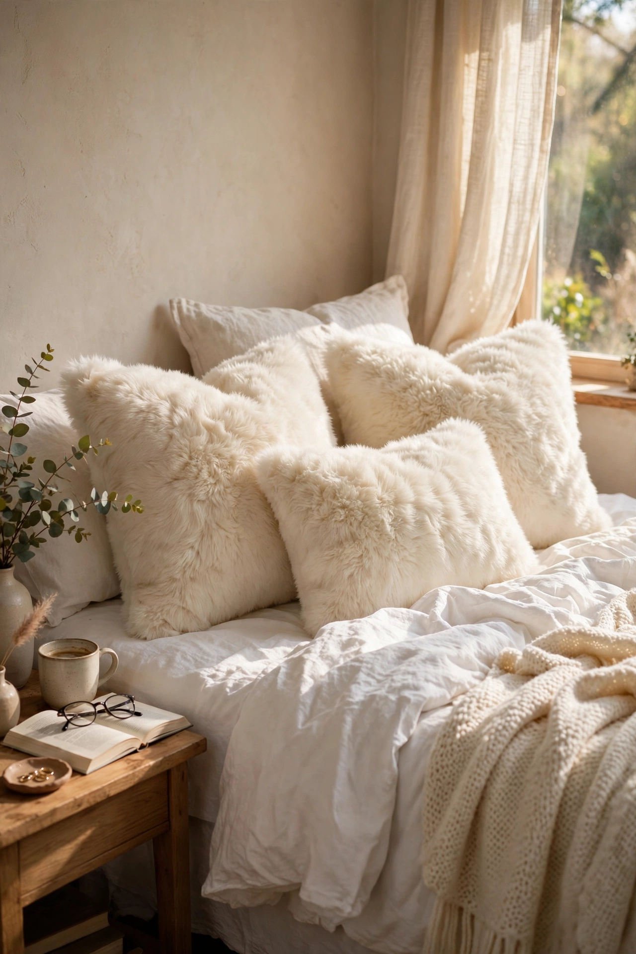 Cream faux fur throw pillows styled on a bedroom bed