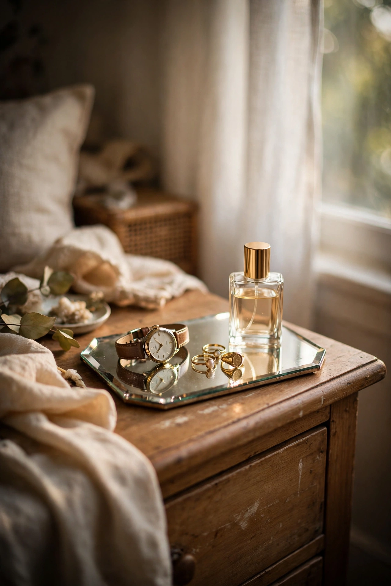Mirrored tray with jewelry and perfume on a bedroom dresser