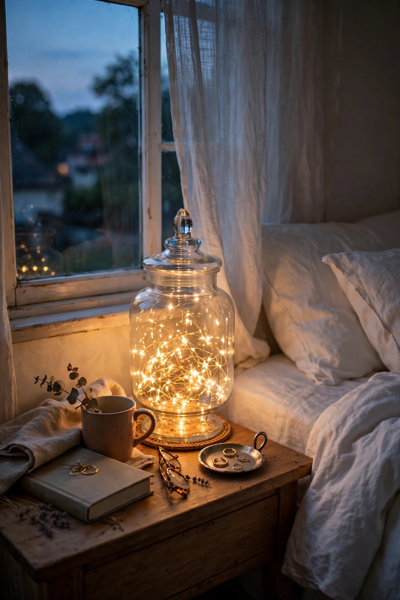 Glass jar filled with warm fairy lights glowing on a nightstand