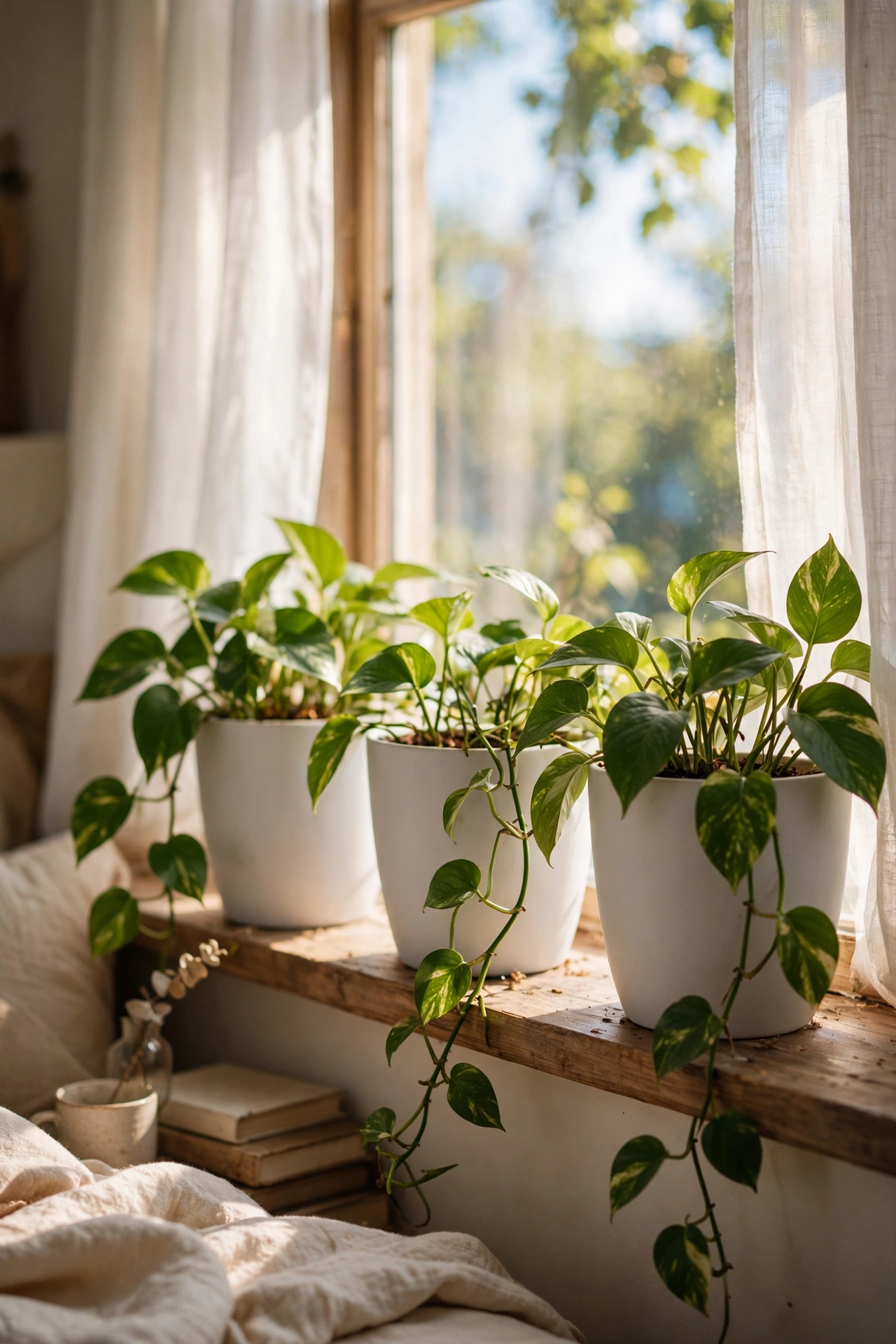 Matte white ceramic-look pots with pothos plants on a bedroom windowsill